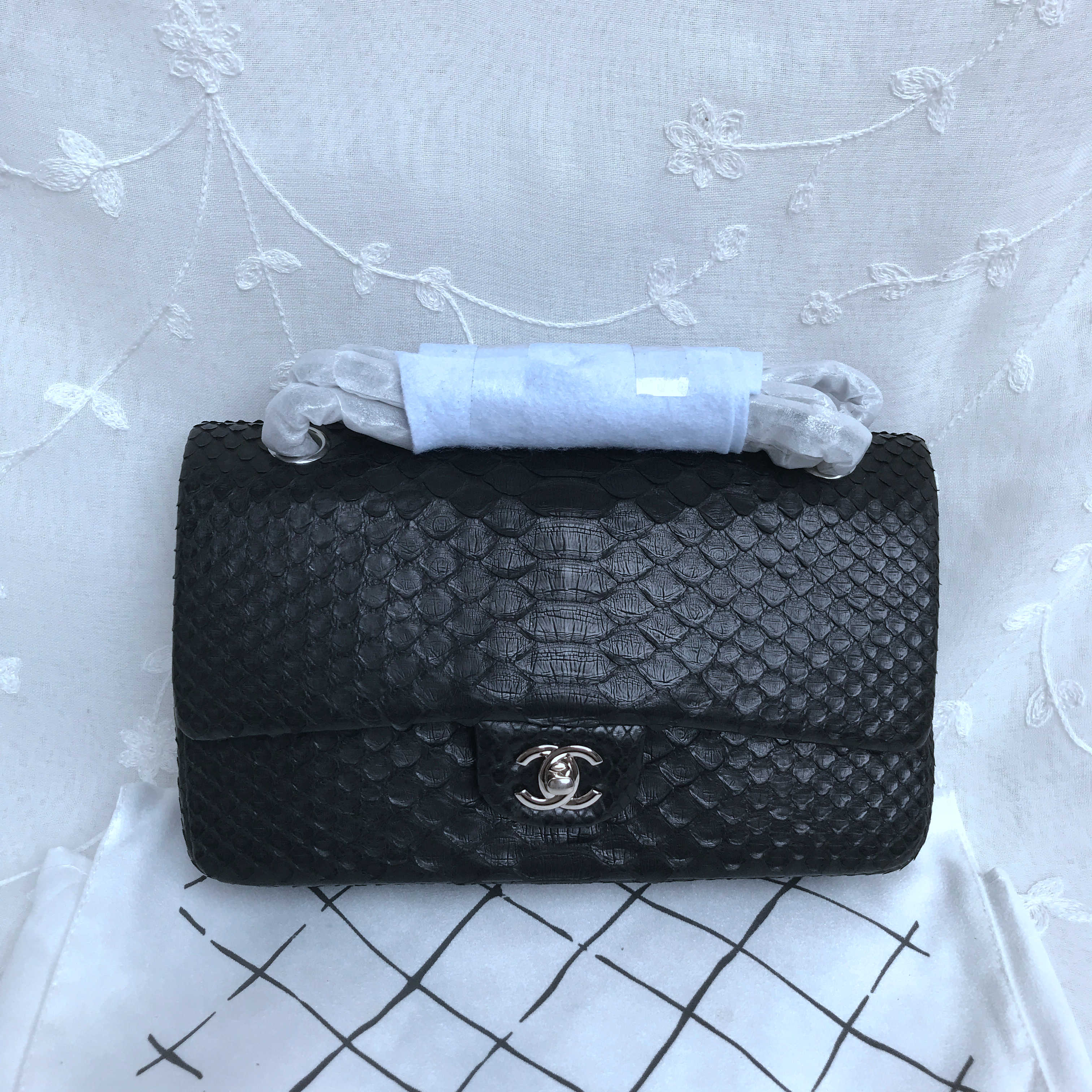 CHANEL CLASSIC FLAP PYTHEON LEATHER SHOULDER BAG