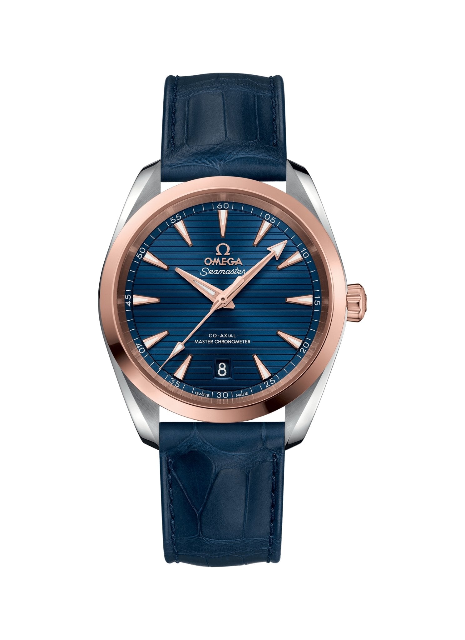 Omega Seamaster Aqua Terra 150M Co-Axial Master Chronometer 38mm Stainless Steel Sedna Gold Blue Dial Alligator Leather Strap 220.23.38.20.03.001