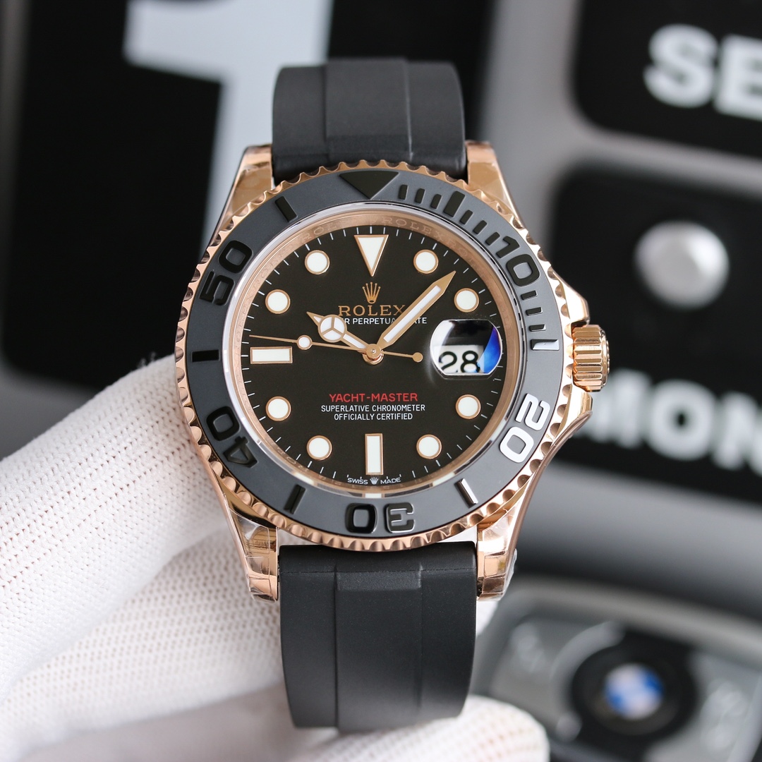 Rolex Yacht-Master 40 Rose Gold Everose 18k Black Dial Ceramic Bezel Oysterflex Rubber Bracelet 126655