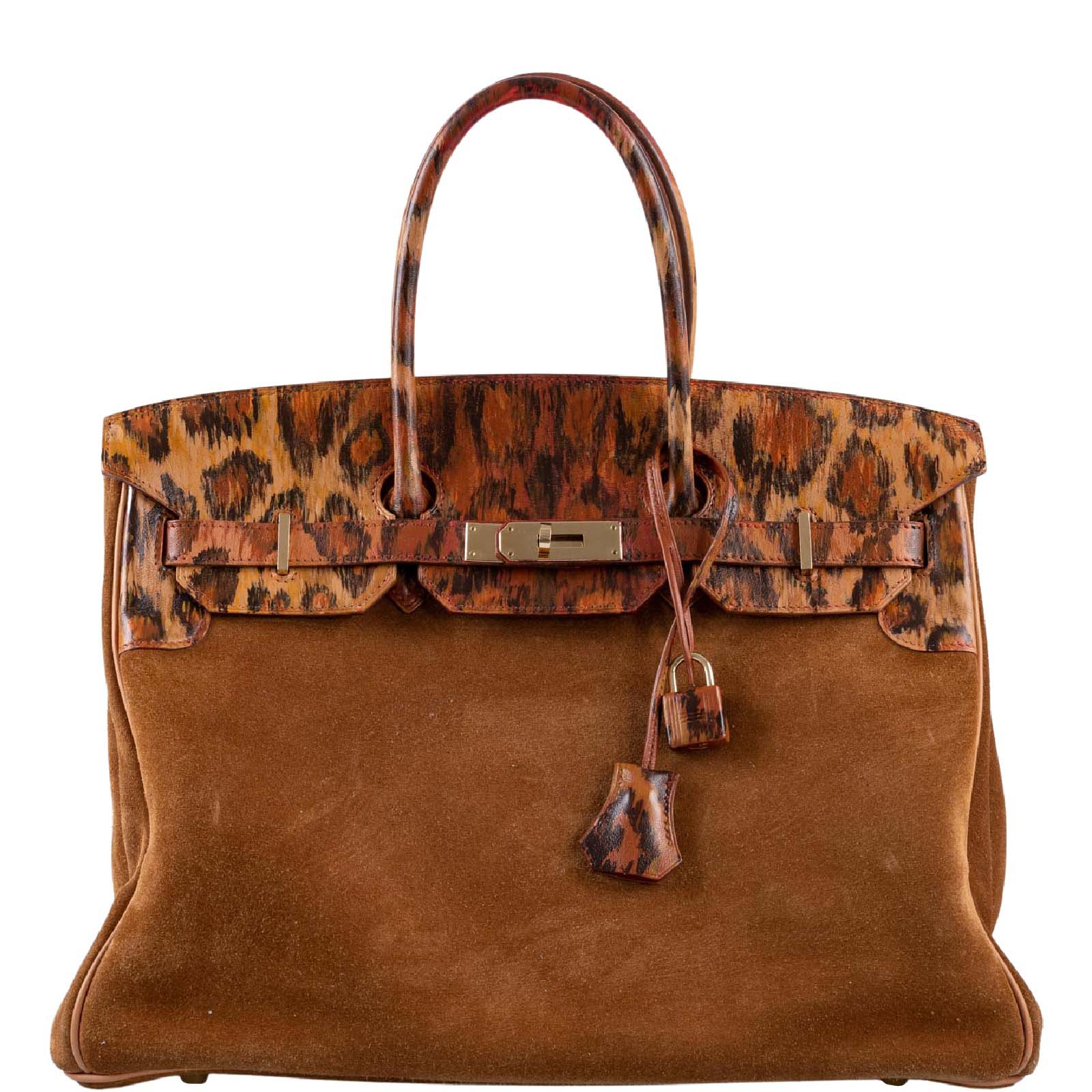 Vintage Hermès Birkin 35 Fauve Grizzly Suede & Painted Leopard Capucine Evercolor Permabrass Hardware