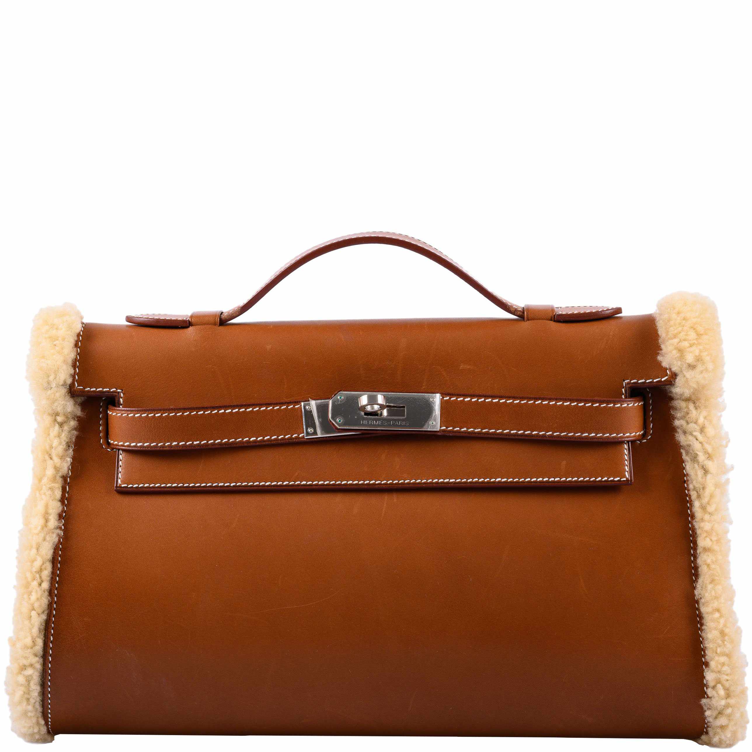 Hermès Teddy Kelly Clutch Barenia Leather & Mouton Shearling Palladium Hardware - 2007, K Square