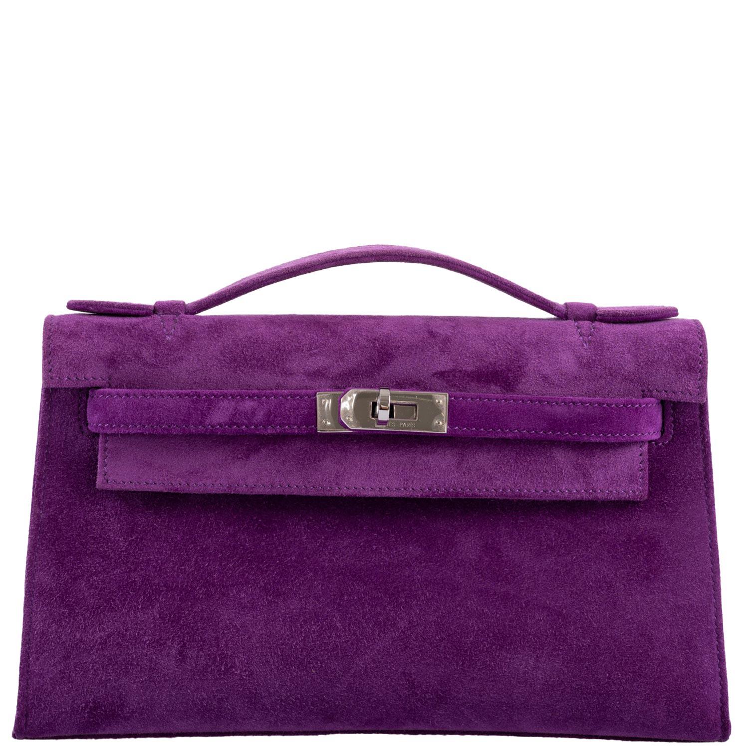 Hermès Kelly Pochette Violet Veau Doblis Suede Palladium Hardware - 2006, J Square