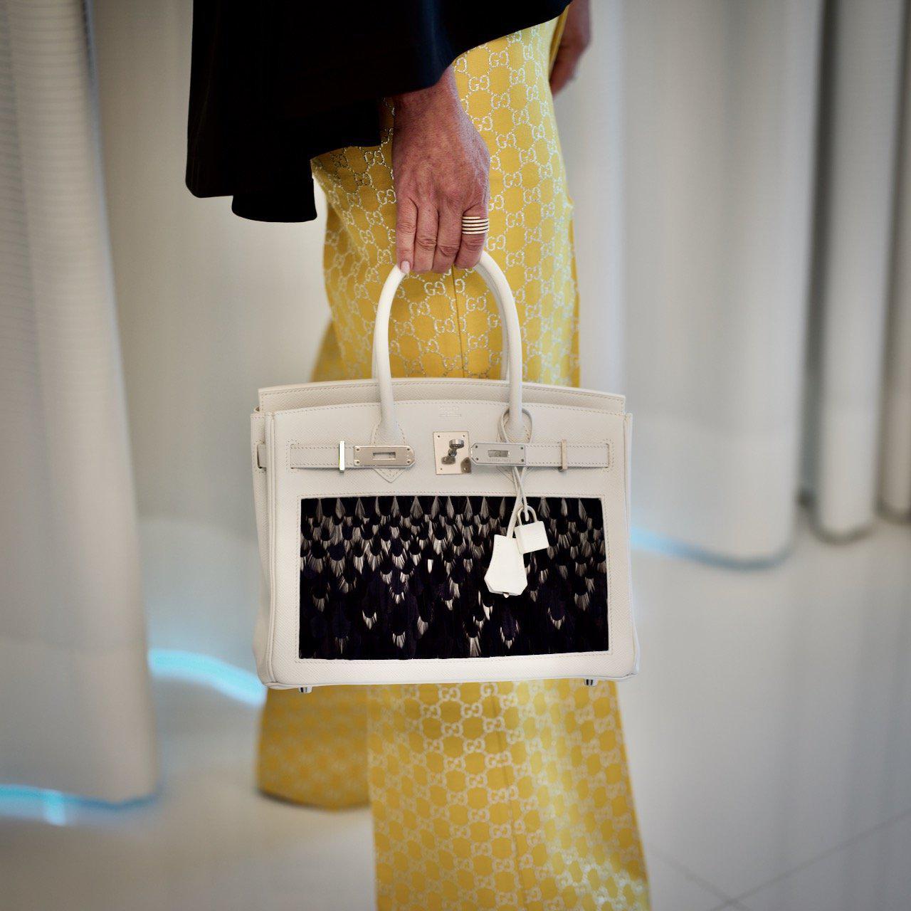 Vintage Hermès Birkin 30 White Epsom with Custom Feather Panel & Palladium Hardware - 2010, N Square