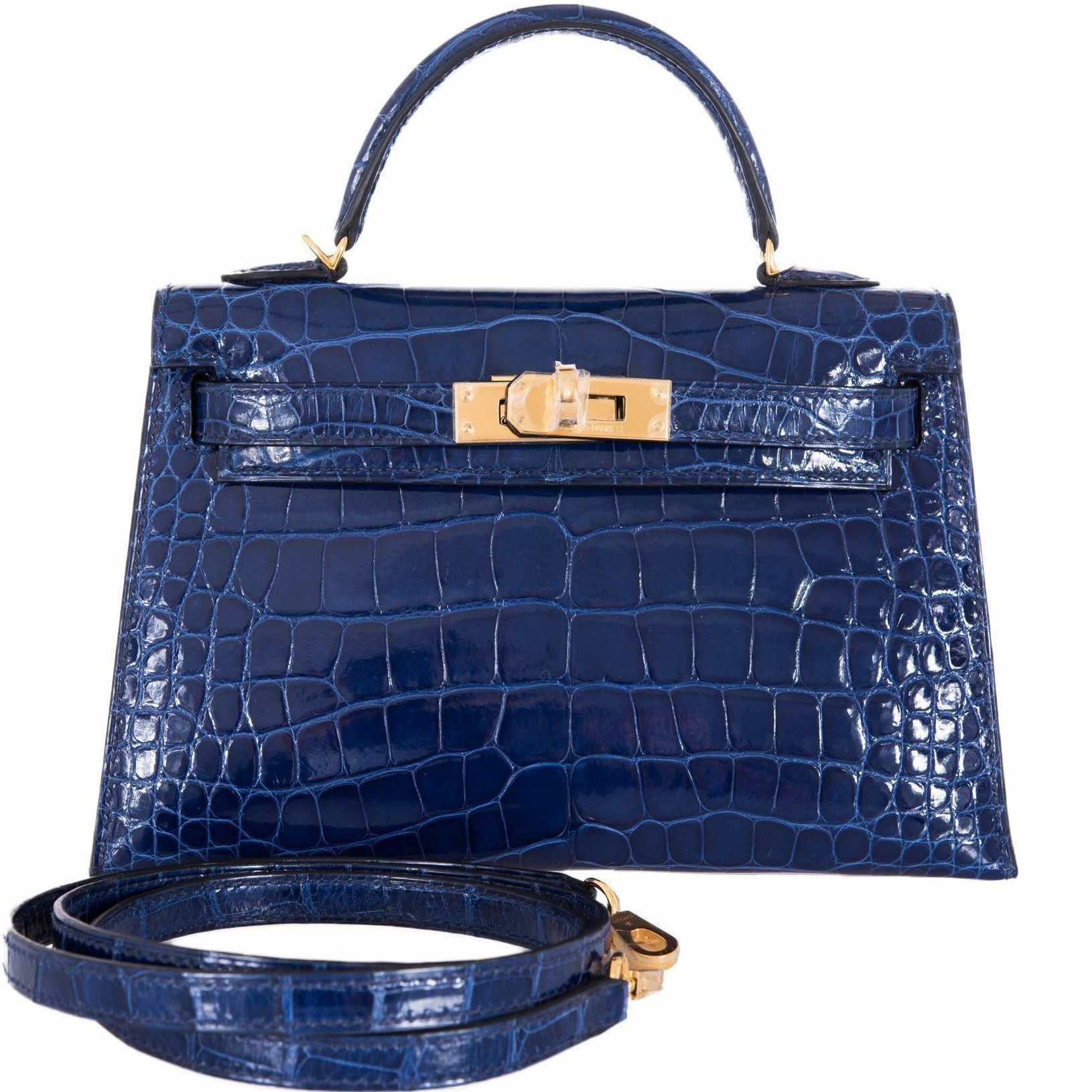 Hermès Kelly 20 Mini II Sellier Blue Sapphire Crocodile Gold Hardware