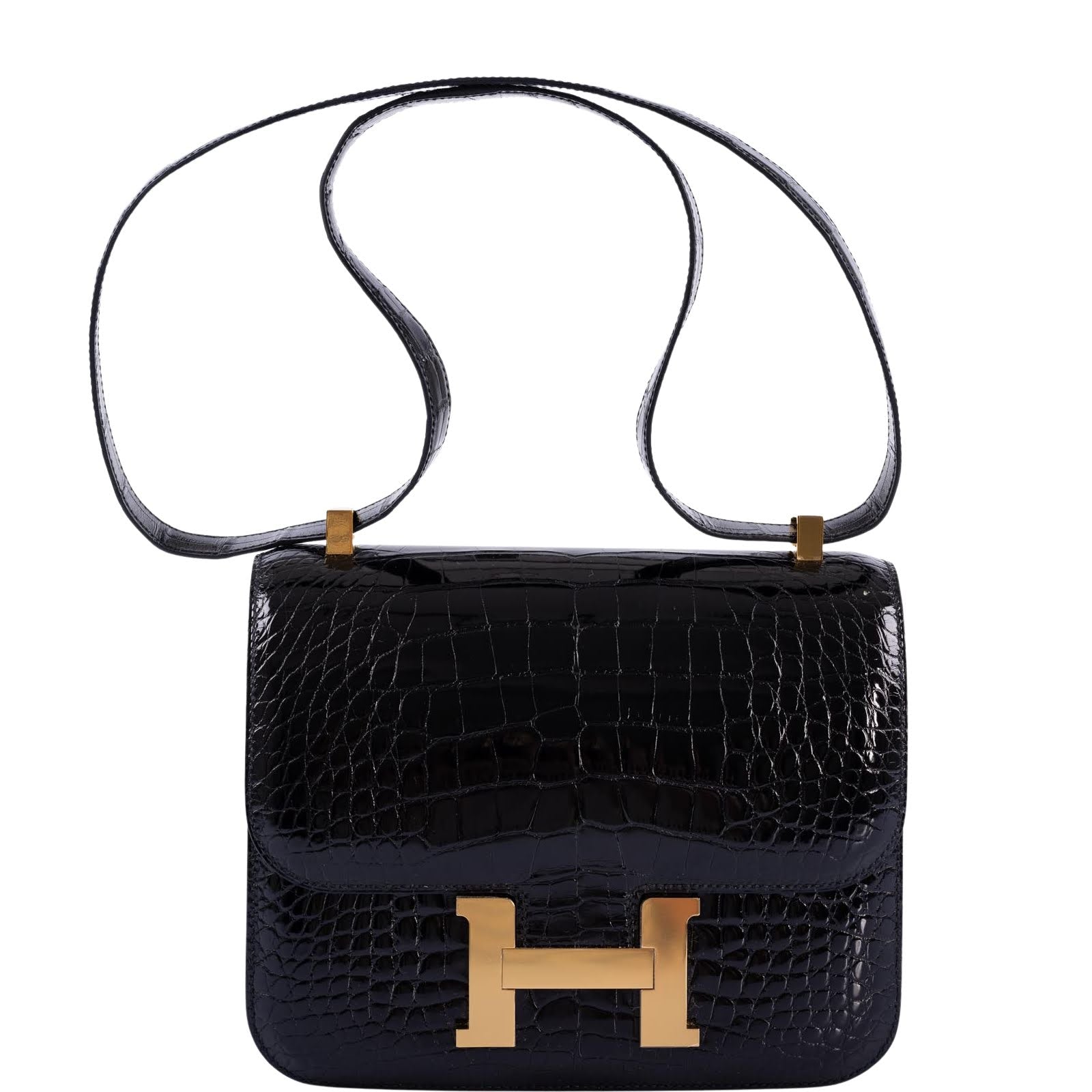 Hermès Constance 24 Shiny Black Alligator Verso Rouge H Gold Hardware