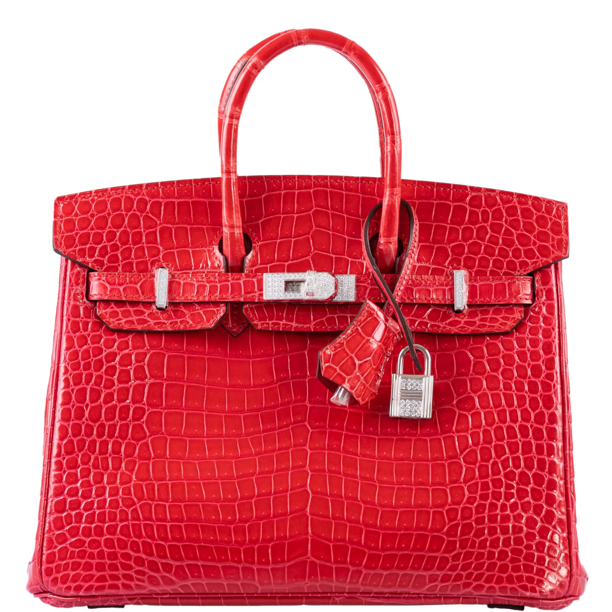 Hermès Birkin 25 Rouge de Coeur Shiny Porosus Crocodile 18K White Gold Hardware & Diamonds - 2020, Y