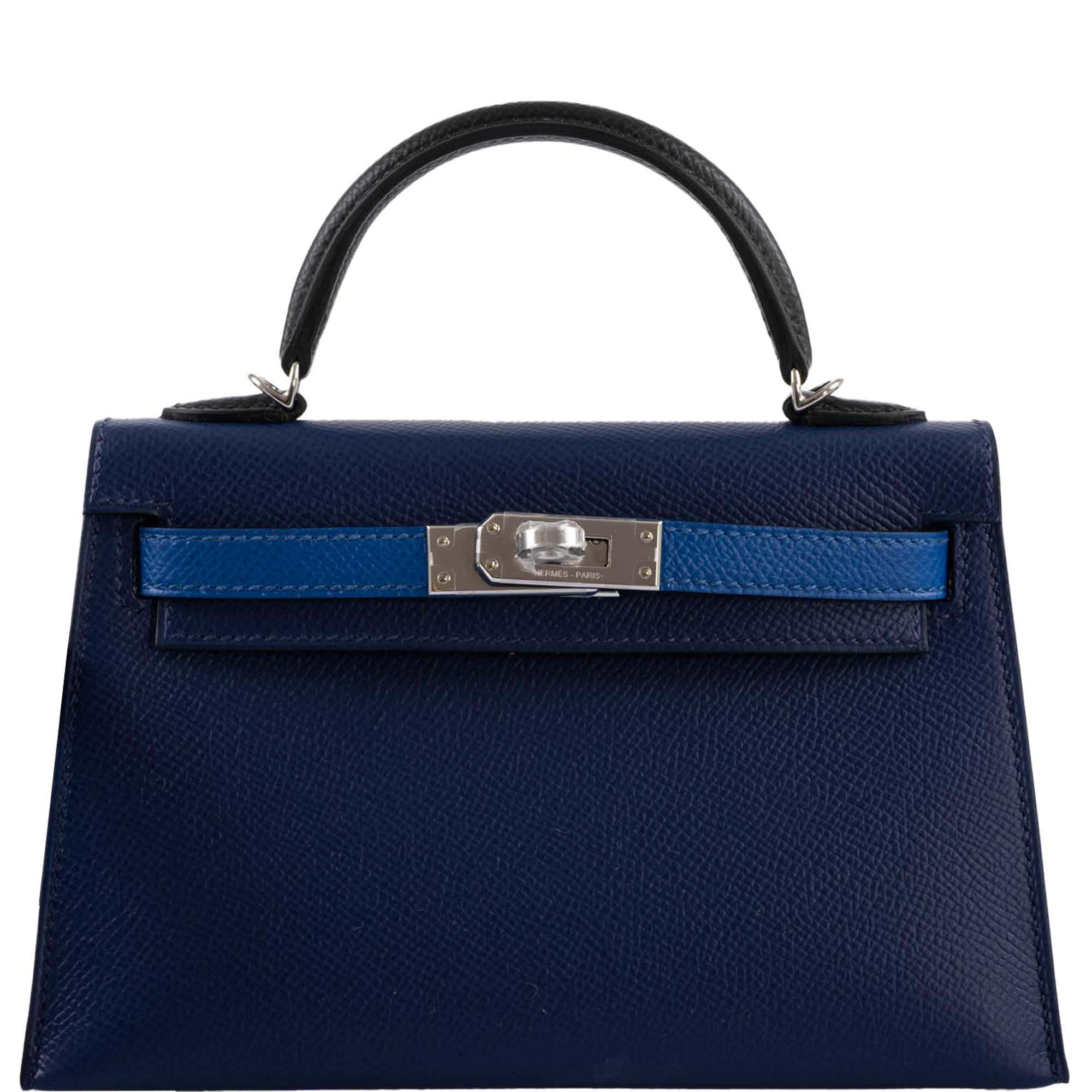Hermès Kelly 20 Mini II Sellier Bleu Sapphire, Bleu France, Noire Epsom Palladium Hardware