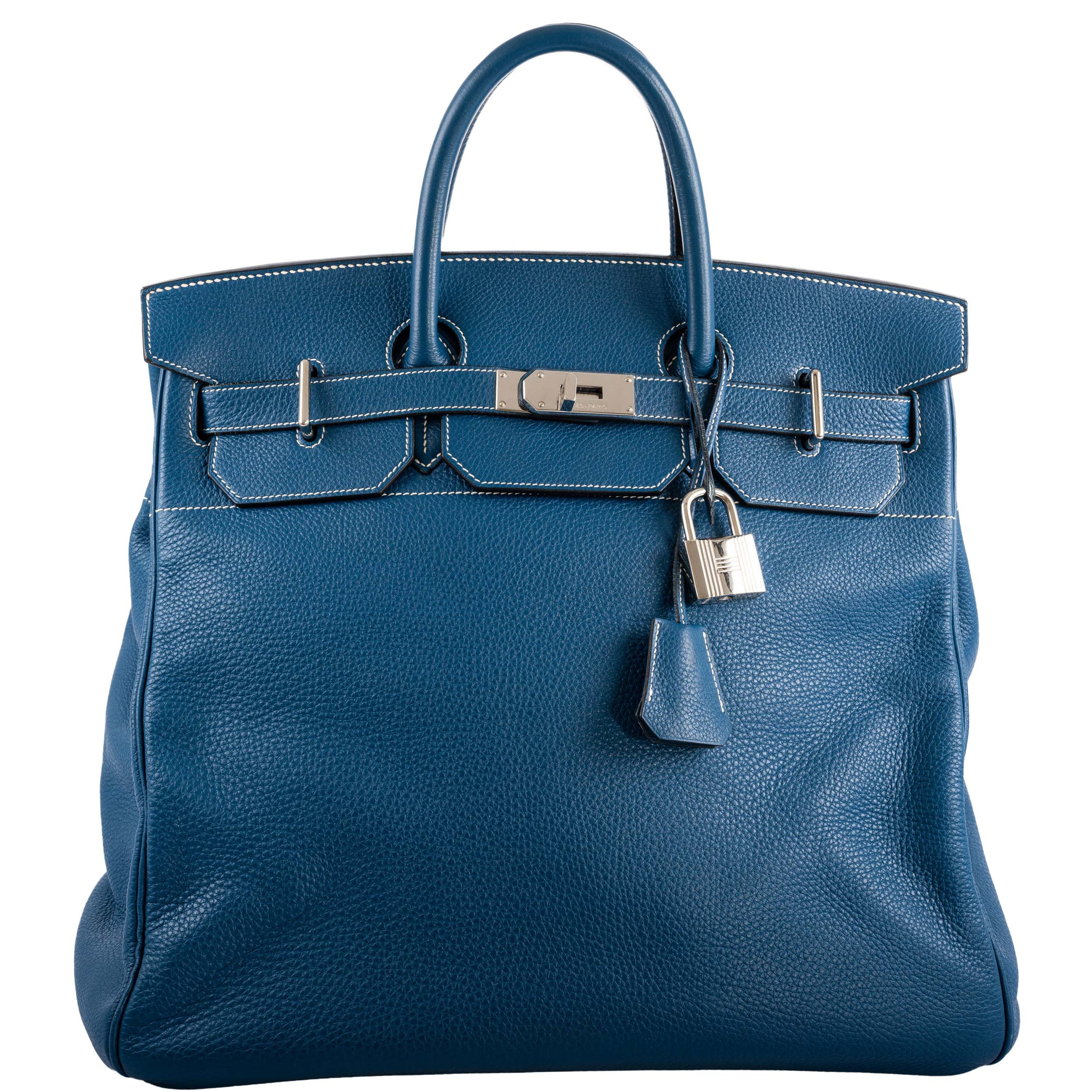 Hermès Birkin 40 HAC Blue Thalassa Togo & White Stitching Palladium Hardware - 2003, G Square
