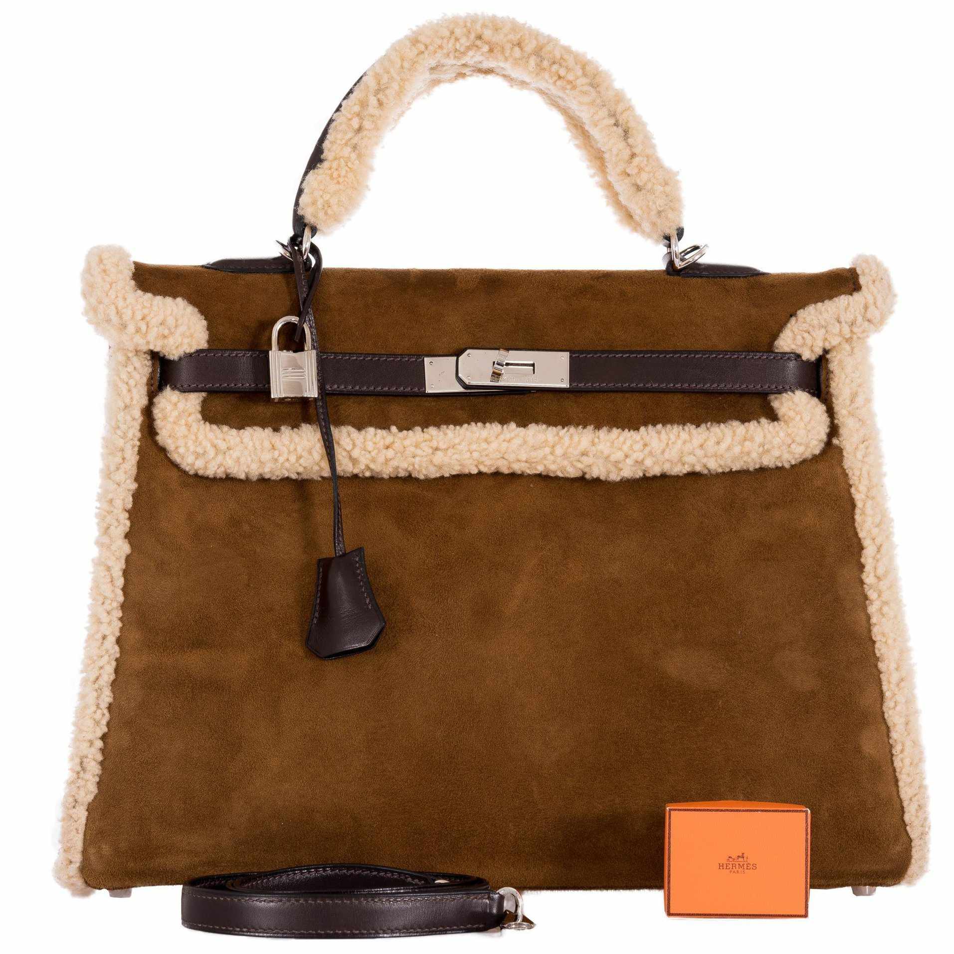 Hermès Kelly 35 Teddy Shearling & Ébène Barénia Retourne Palladium Hardware