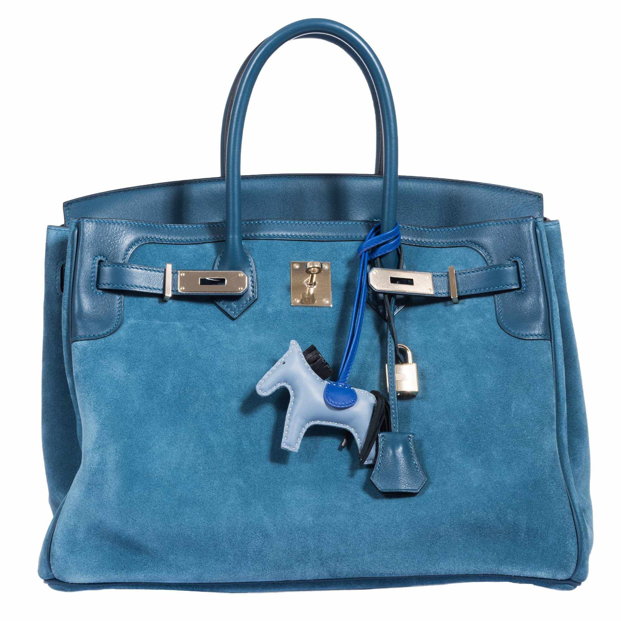 Hermès Birkin 35 Grizzly Thalassa Blue Suede Swift Permabrass Hardware