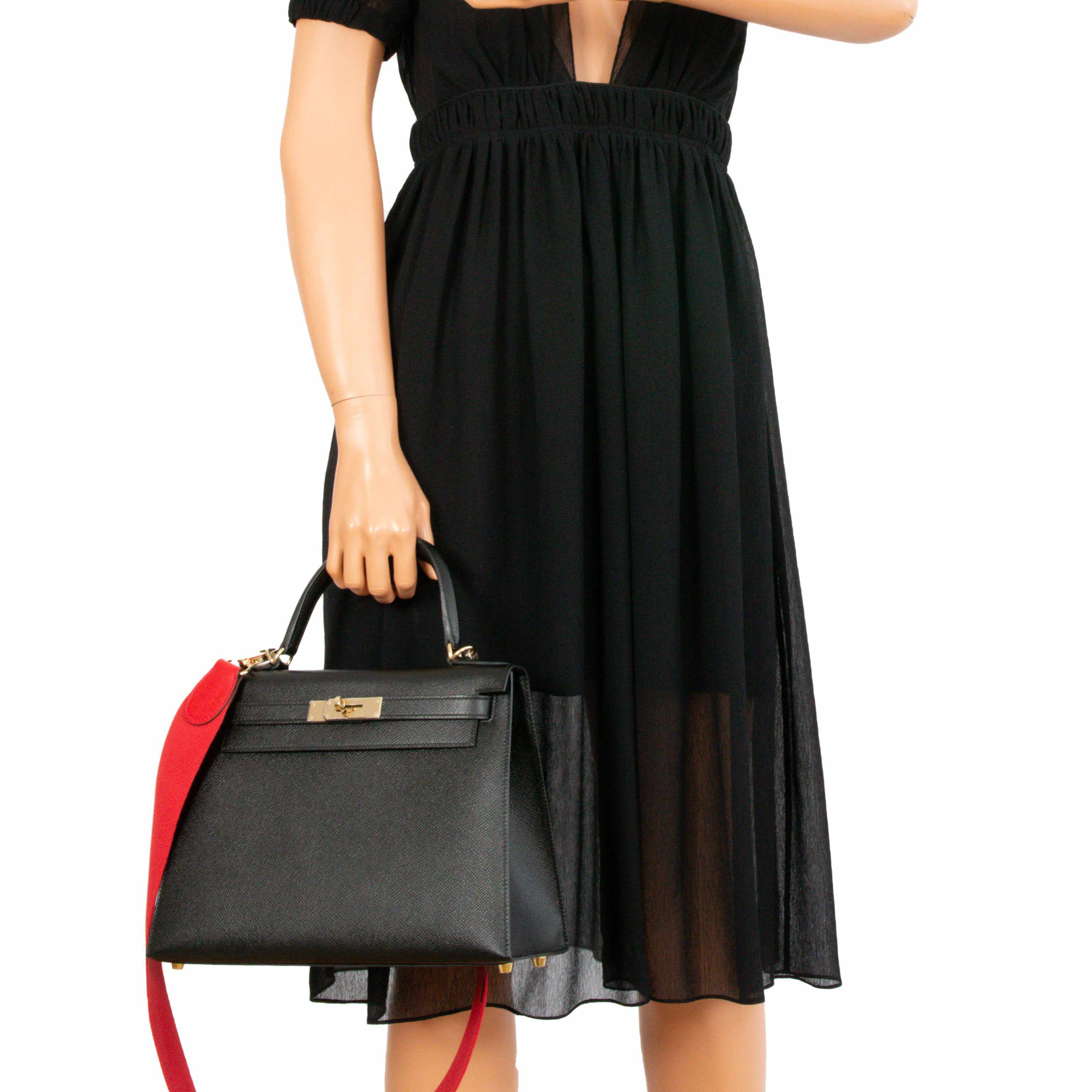 Hermès Kelly 28 Sellier HSS Black Epsom Vermillion Interior Rose Gold Hardware