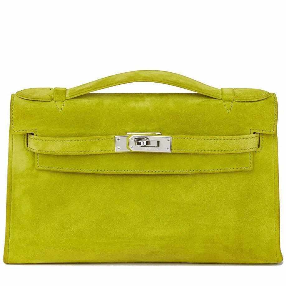 Hermès Kelly Pochette Vert Anis Veau Doblis Suede Palladium Hardware