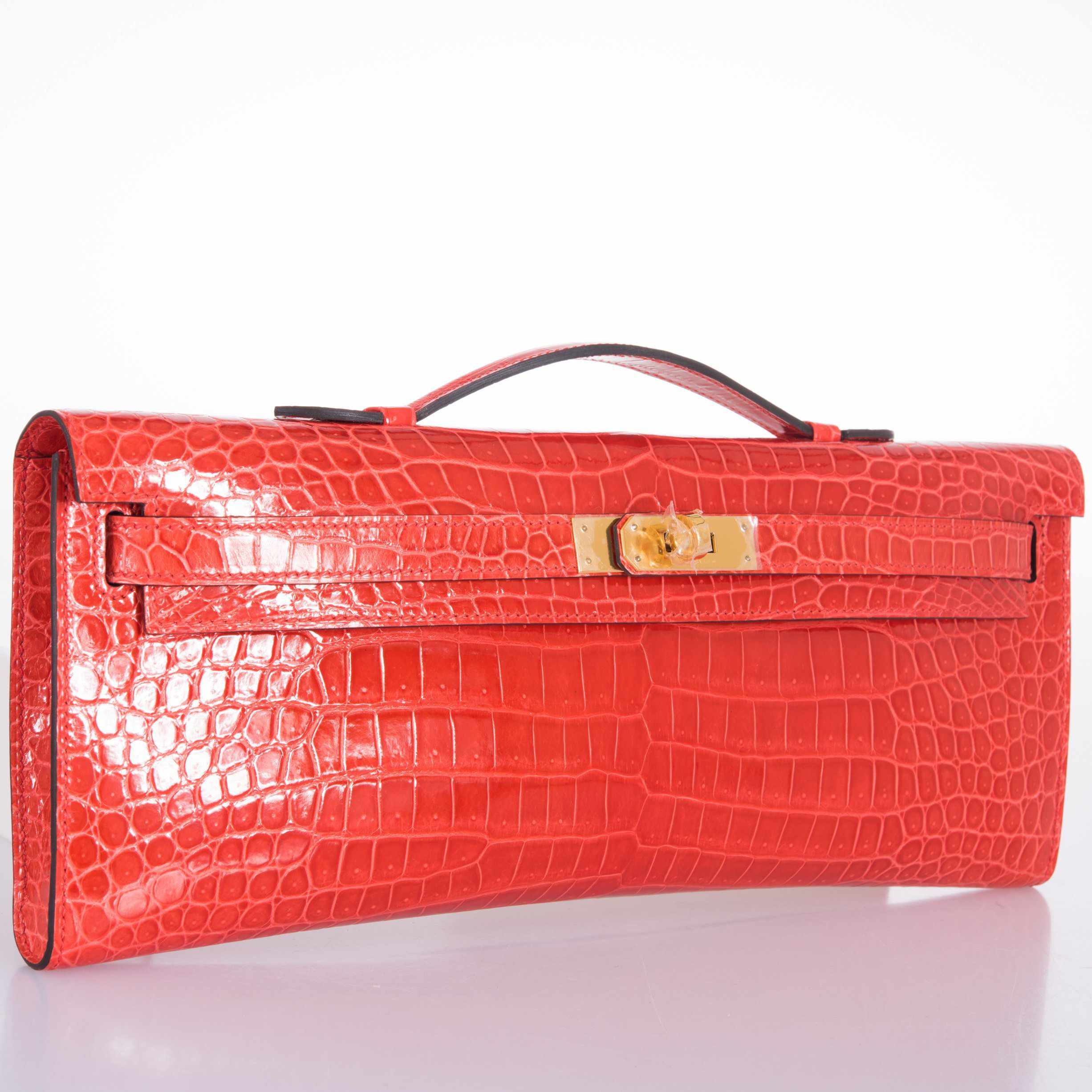 Hermès Kelly Cut Poppy Porosus Crocodile Clutch Gold Hardware