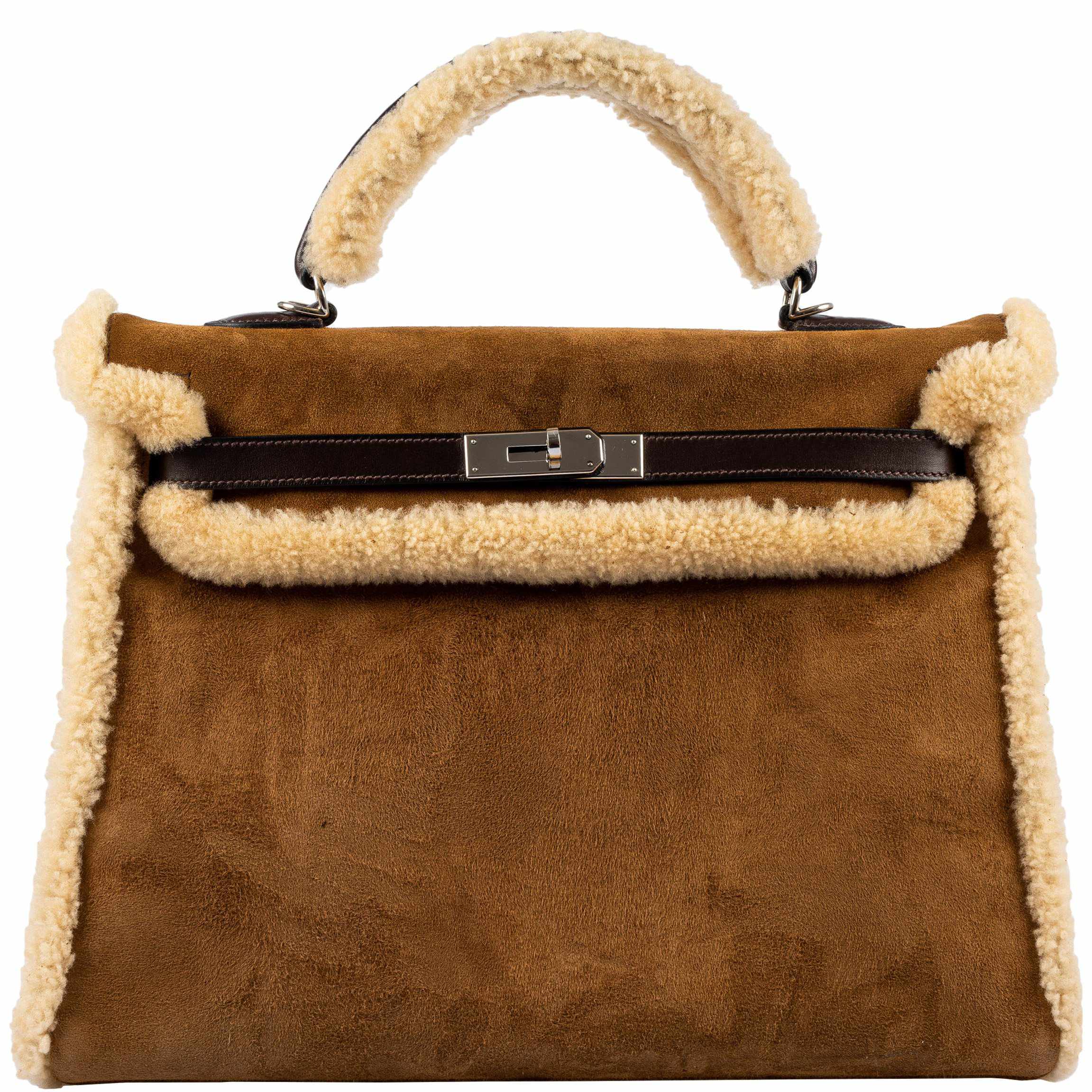 Hermès Kelly 35 Retourne Teddy Shearling & Ebene Barenia Palladium Hardware