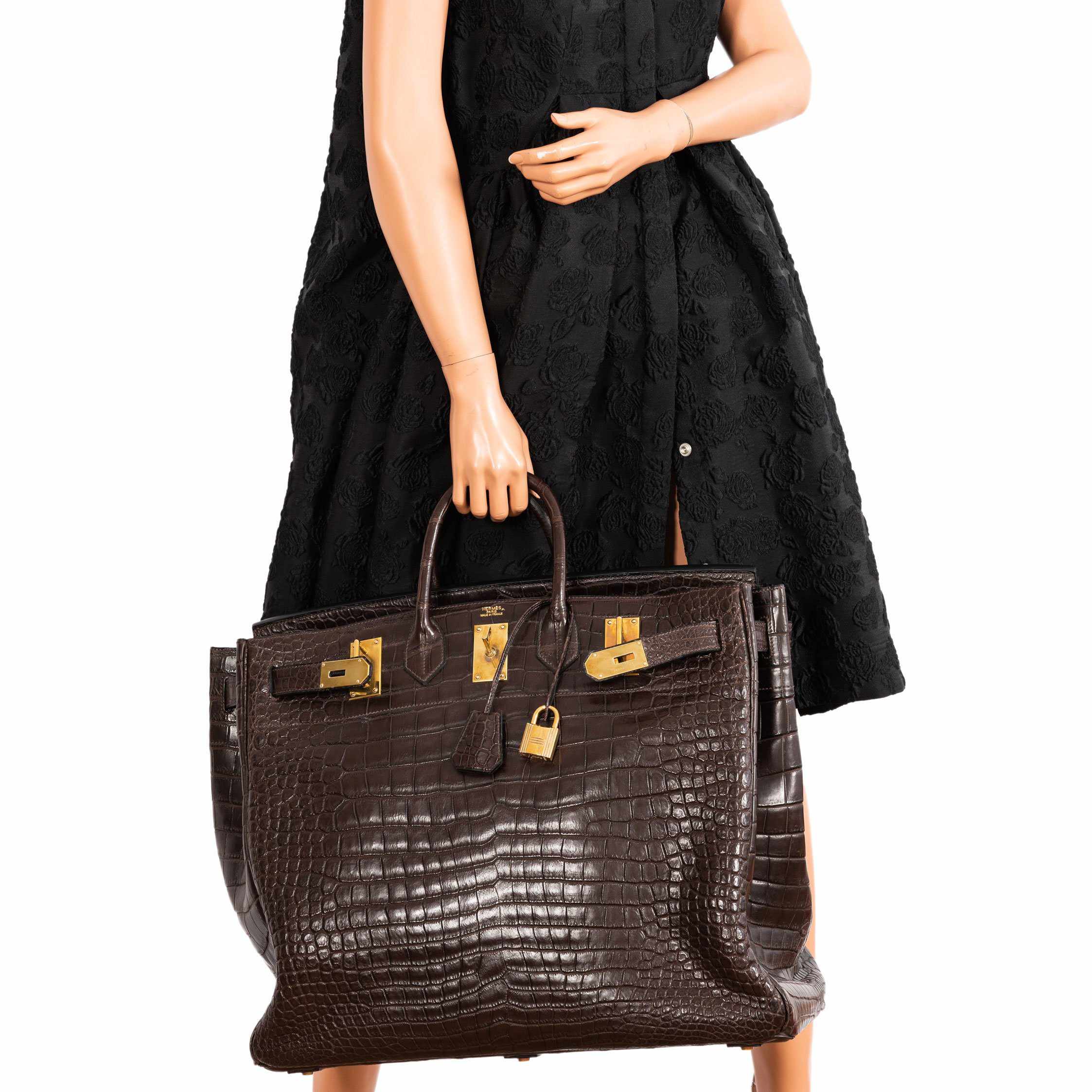 Hermès Birkin 50 HAC Ebene Porosus Crocodile Bronze Hardware