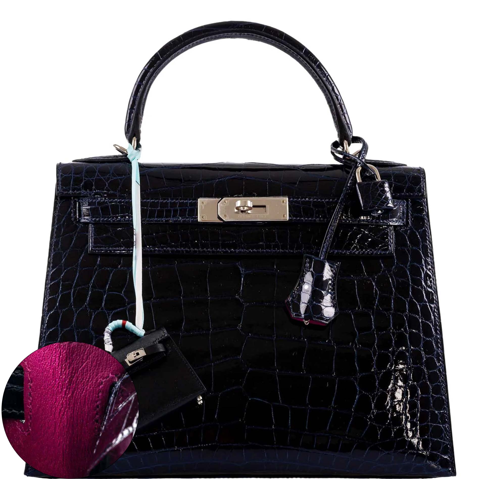 Hermès Kelly 28 Sellier Verso Blue Marine Nilo Crocodile & Rose Scheherazade Palladium Hardware