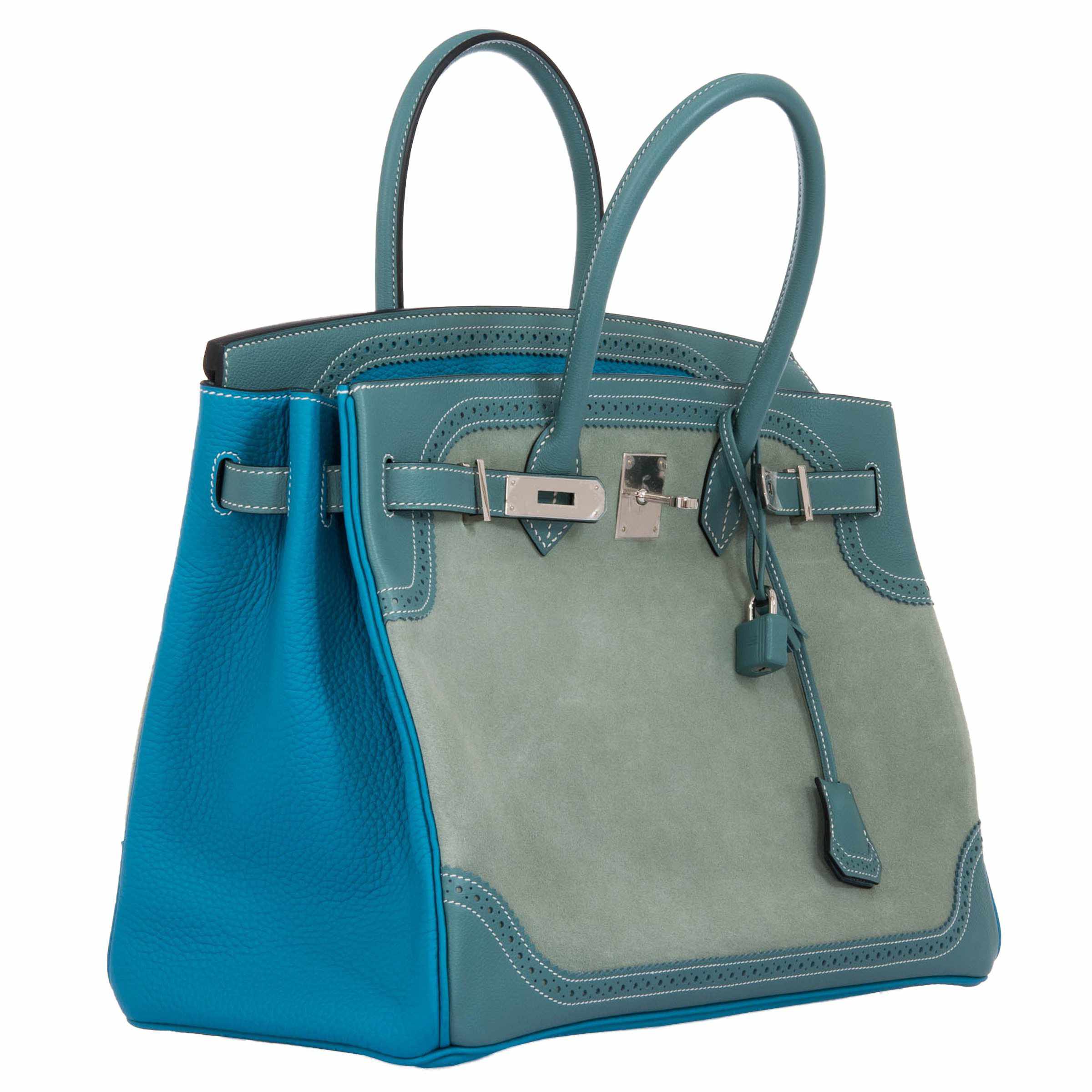 Hermès Birkin 35 Ghillies Turquoise, Ciel Evergrain, Veau Doblis Suede Palladium Hardware - Special Edition