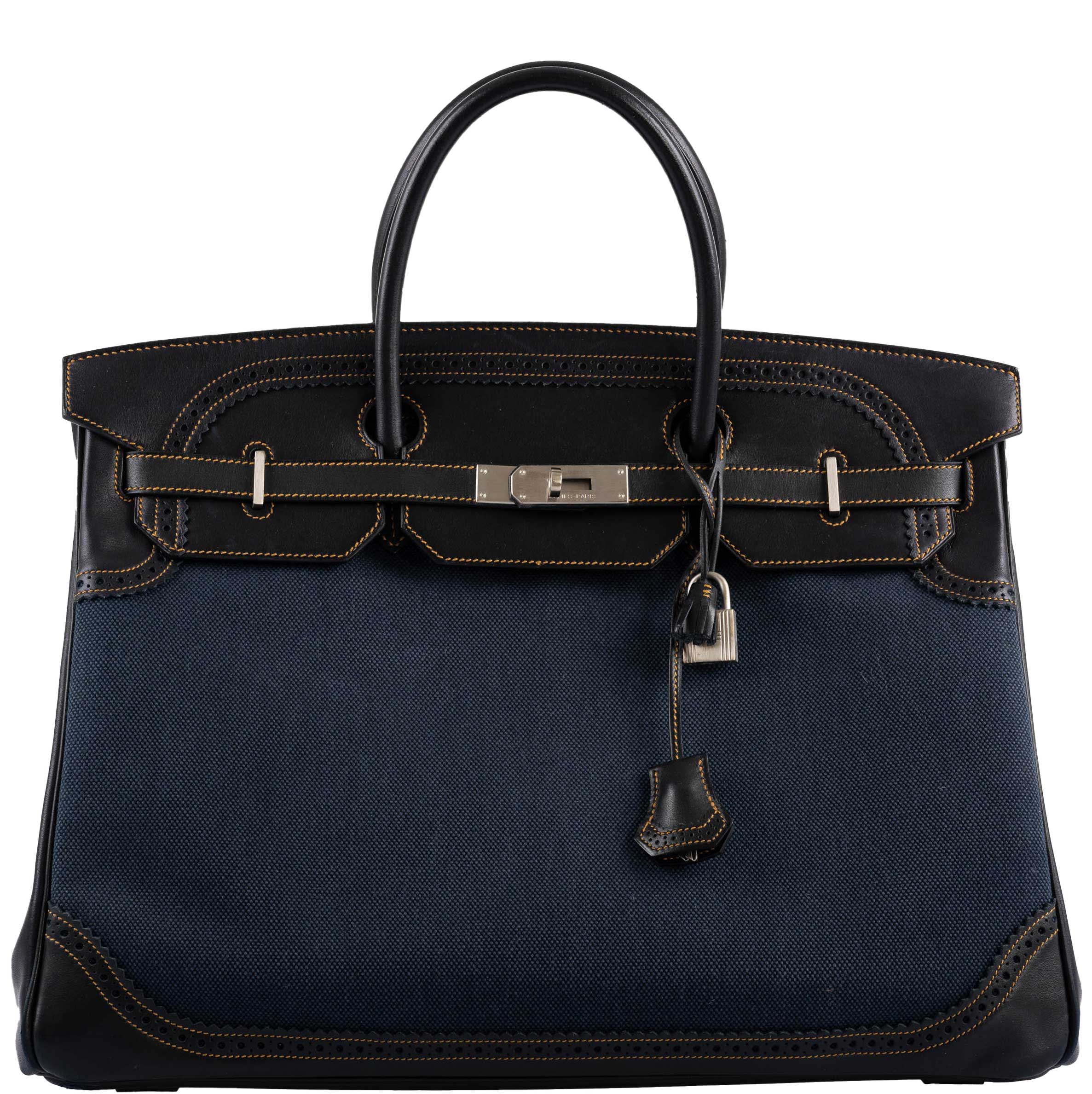 Hermès Ghillies Birkin 40 Indigo Denim & Black Evercalf with Brushed Palladium Hardware