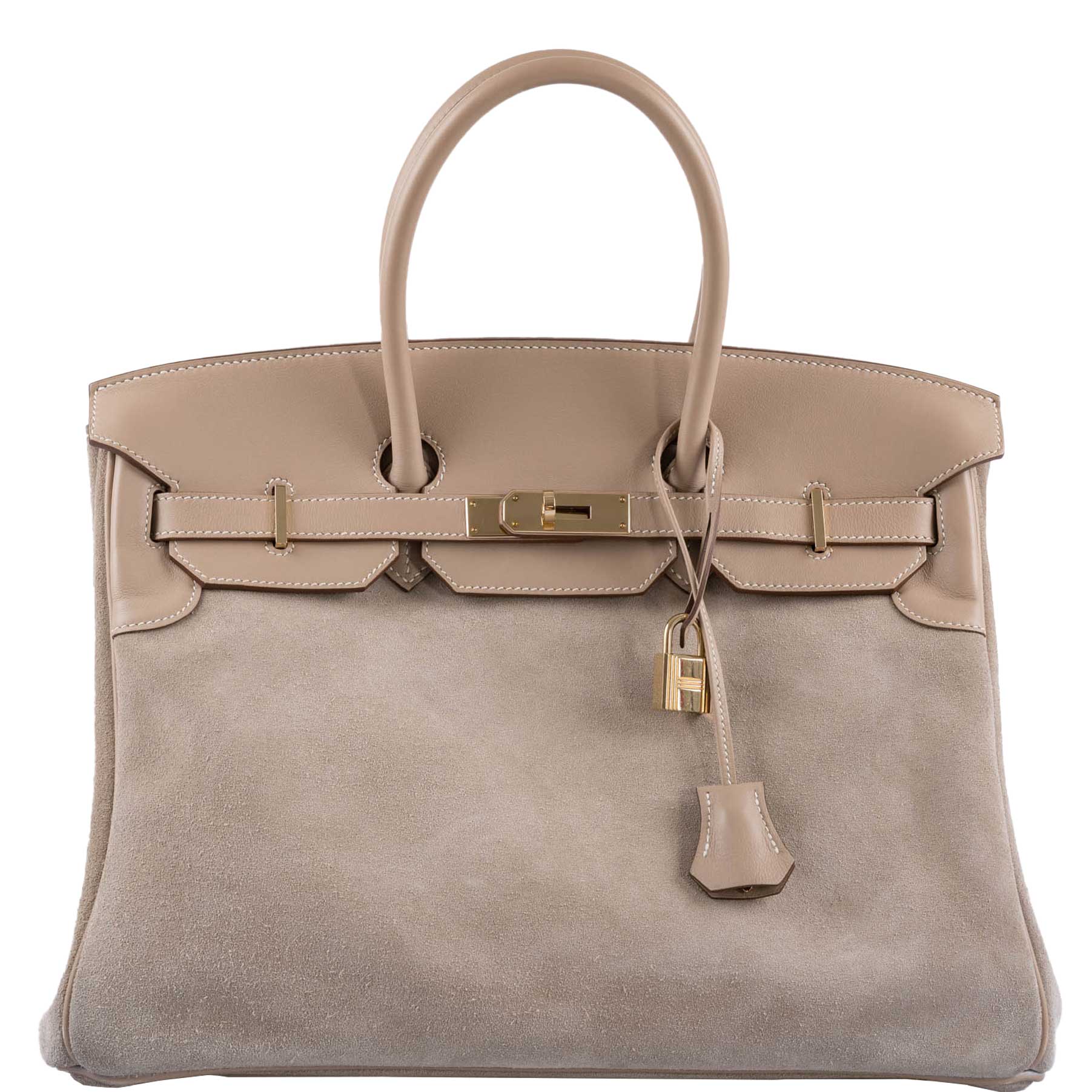 Hermès Birkin 35 Grizzly Argile Veau Doblis Suede & Swift Permabrass Hardware - 2014, R Square