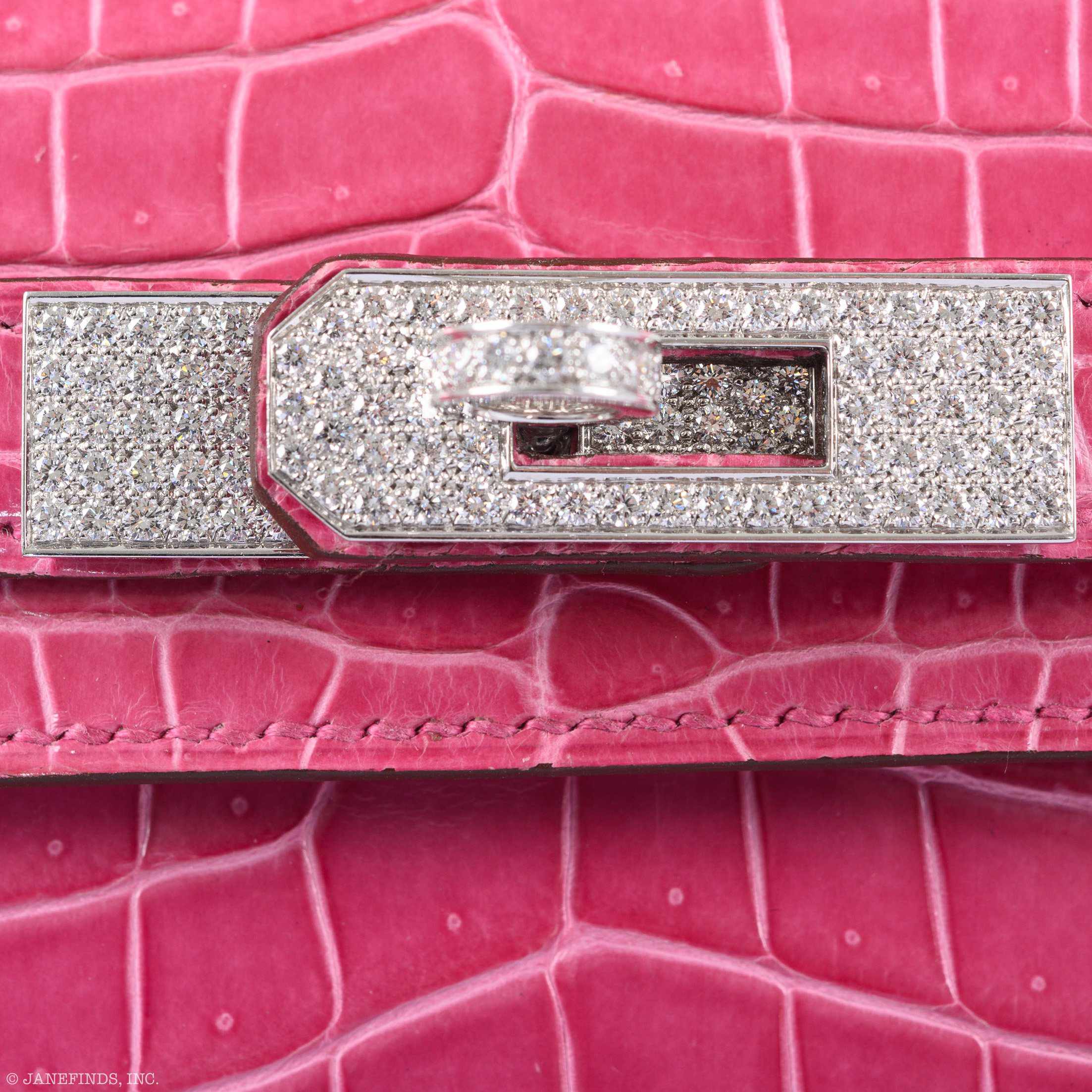Hermès Kelly Cut Pochette Rose Tyrien Shiny Porosus Crocodile Diamonds & White Gold Hardware