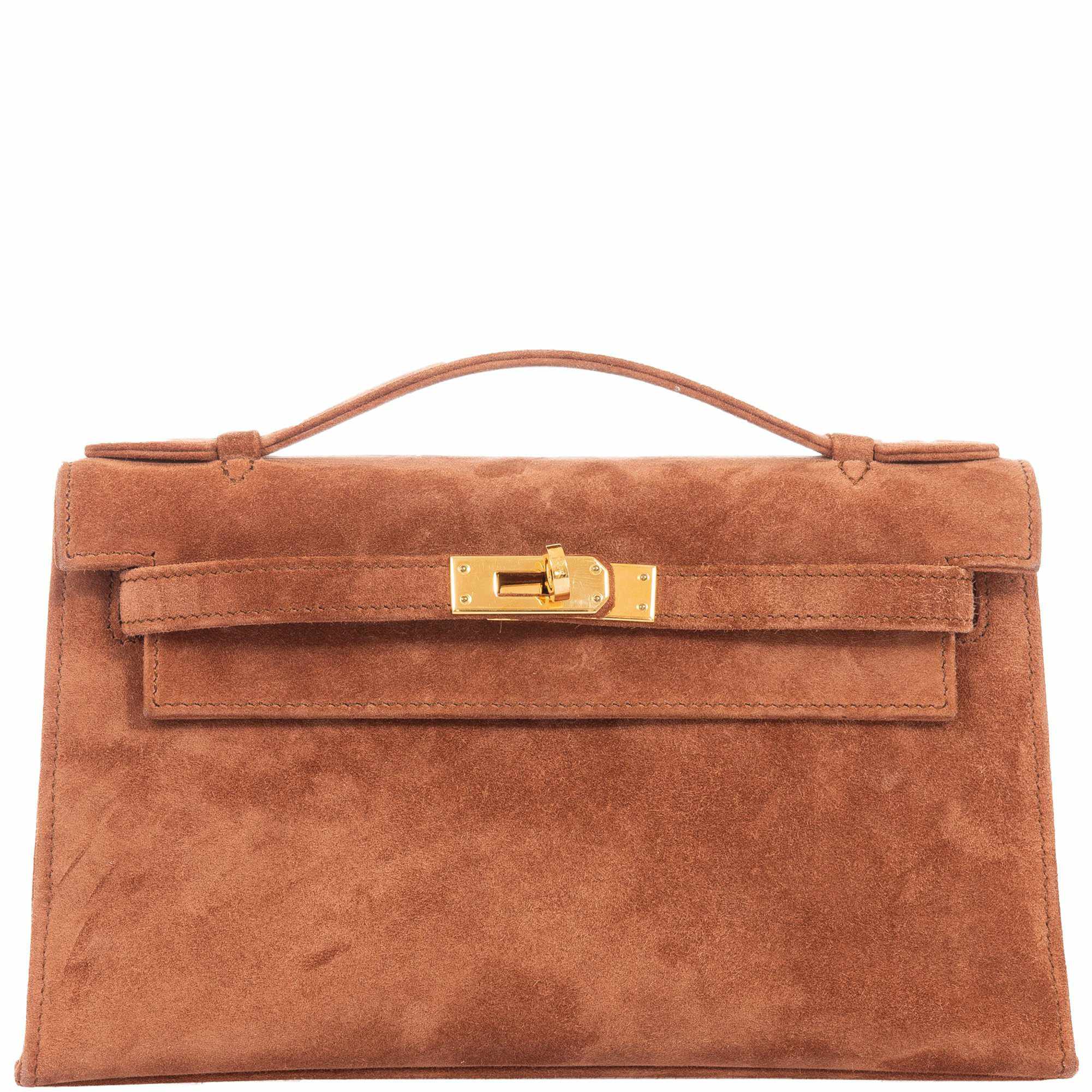 Hermès Kelly Cut Pochette Chocolate Suede Gold Hardware