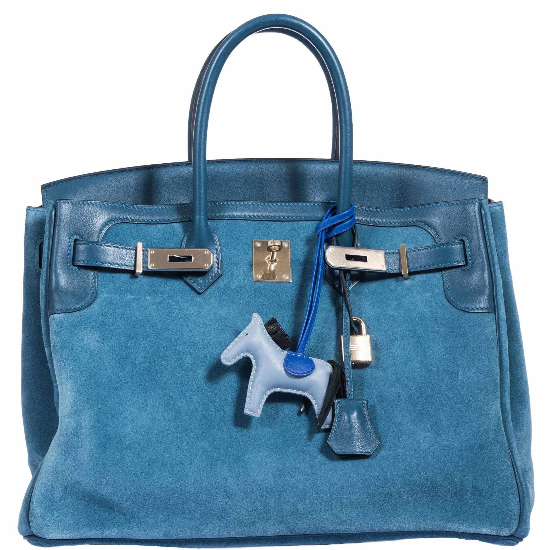 Hermès Birkin 35 Grizzly Thalassa Blue Suede & Swift Leather Permabrass Hardware