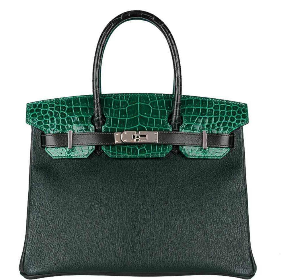 Hermès Birkin 30 Vert Emeraude Porosus Crocodile, Vert Titien Multi-Leather & Rose Azalée Patchwork Palladium Hardware