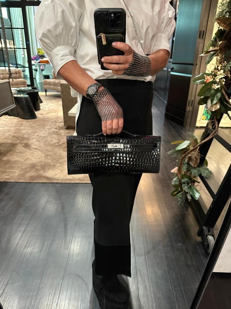 Hermès Kelly Cut Blue Marine Porosus Crocodile with Diamond and White Gold Hardware