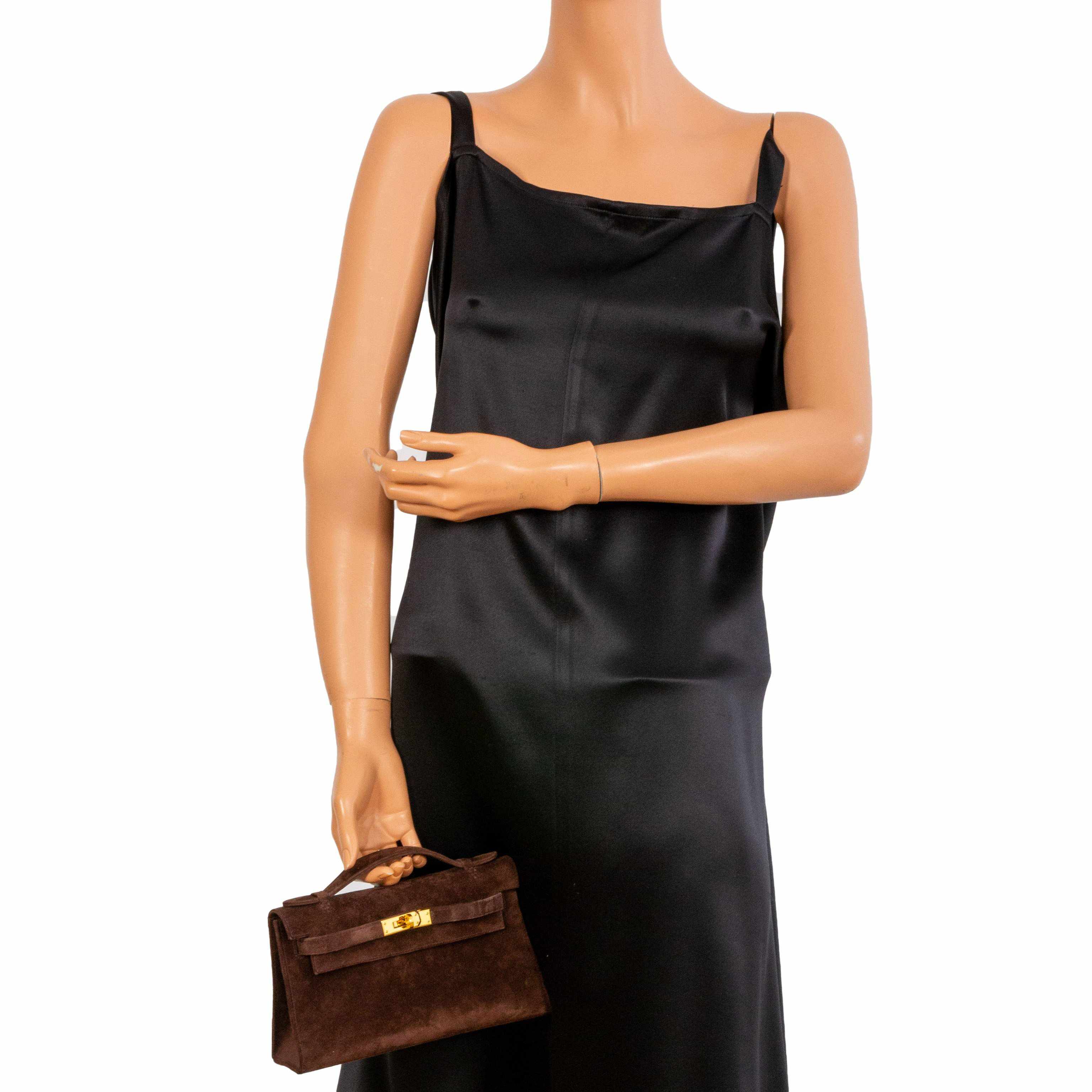 Hermès Kelly Cut Pochette Brown Veau Doblis Suede Gold Hardware