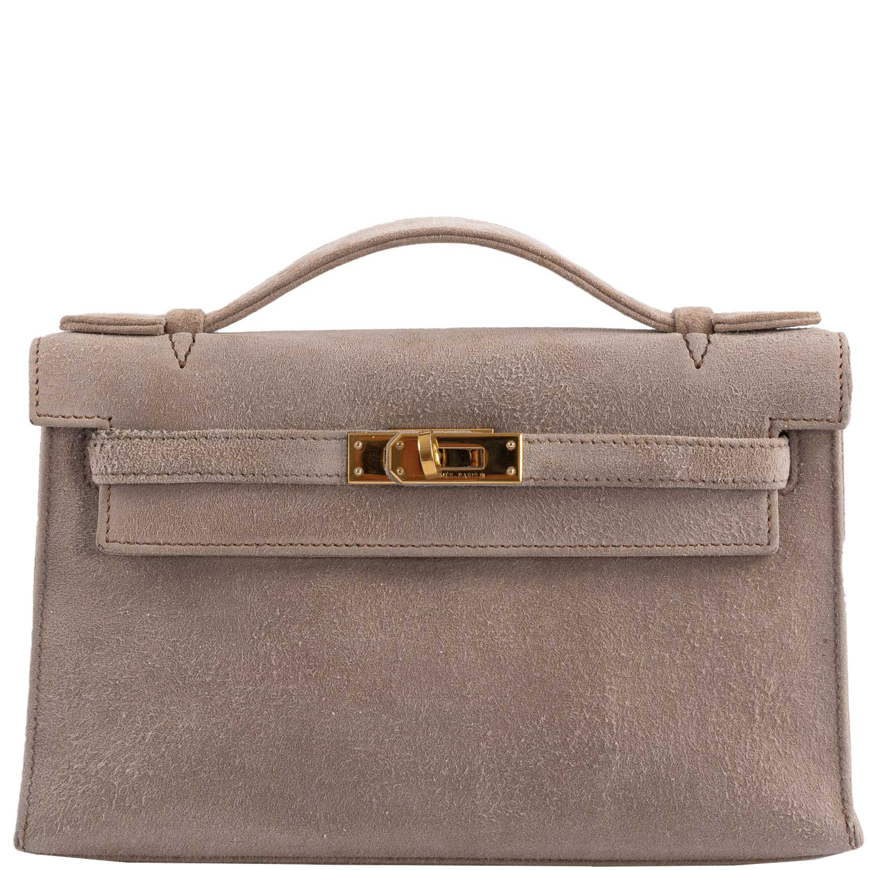 Hermès JPG Kelly Pochette Gris Pale Veau Doblis Suede Gold Hardware