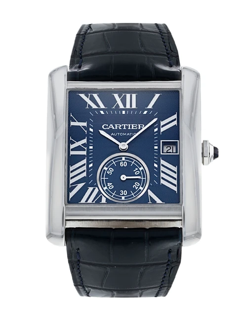Cartier Tank MC Men's Watch Automatic Large Stainless Steel Blue Dial Alligator Leather Strap WSTA0010