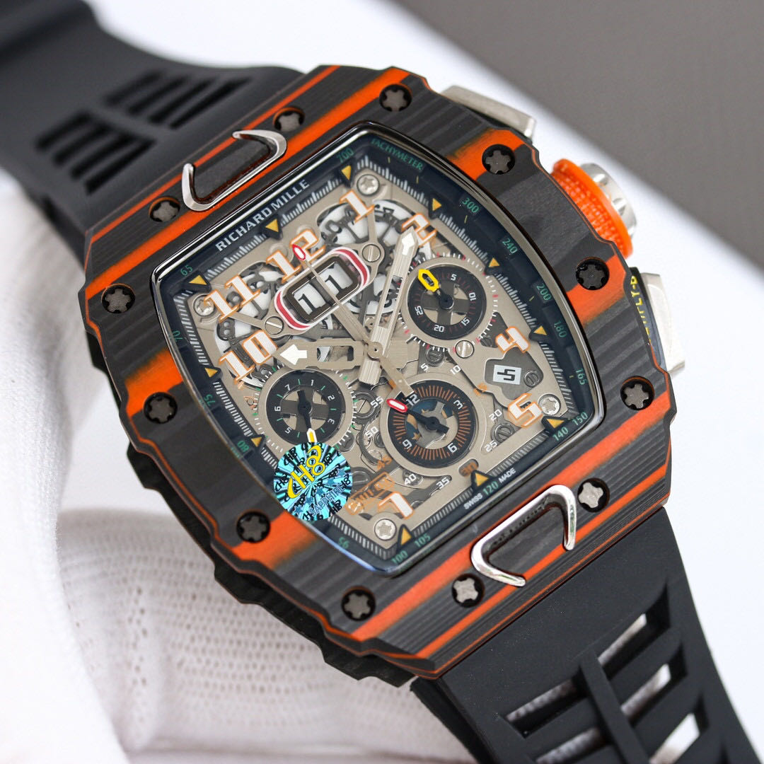 RM011-03 McLaren Automatic Flyback Chrono KVF Black & Orange Forged Carbon Skeleton Dial 7750