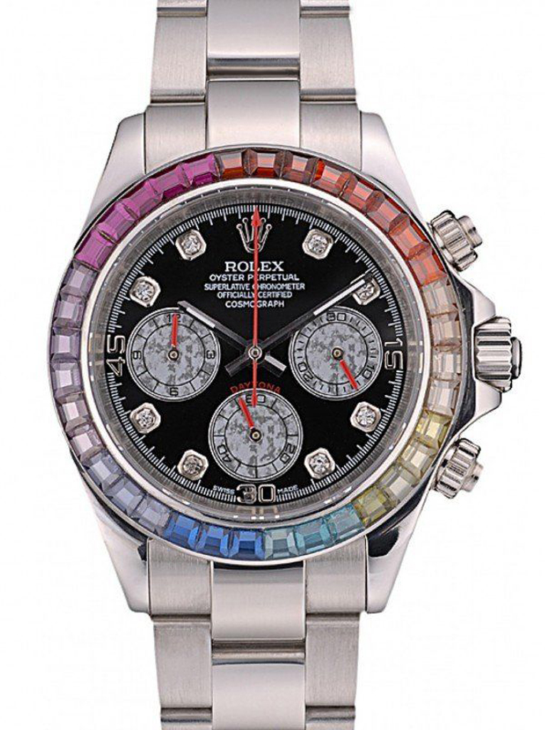 Replica Rolex Daytona Cosmograph Rainbow Crystals Bezel Stainless Steep Strap Black Dial 80250