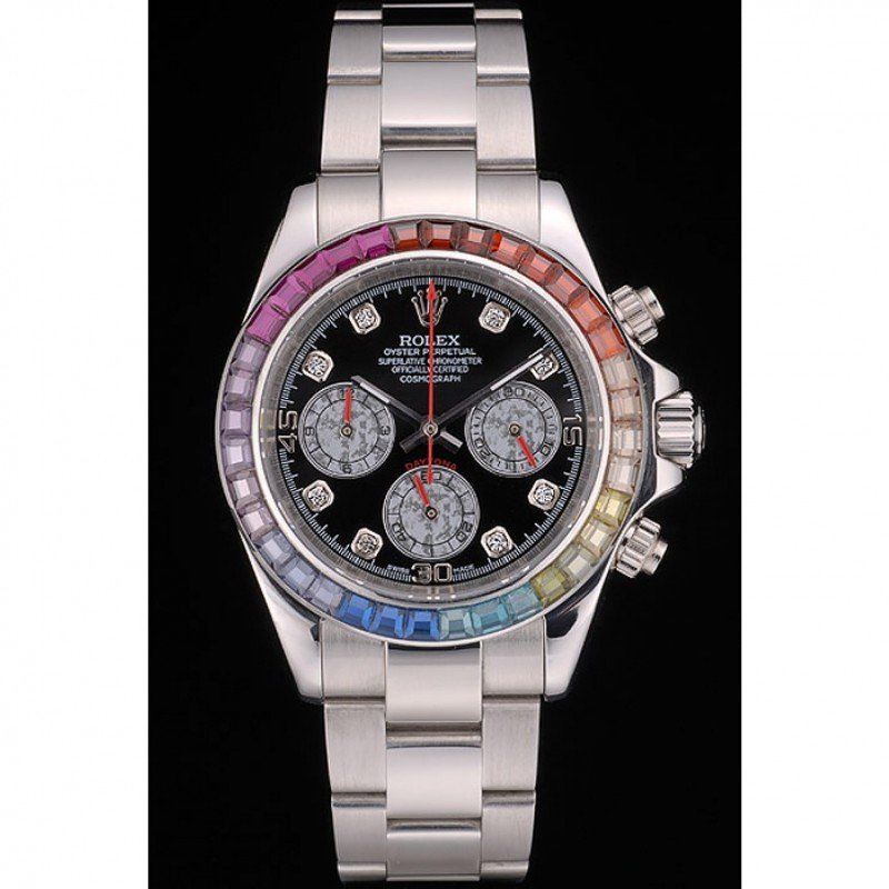 Replica Rolex Daytona Cosmograph Rainbow Crystals Bezel Stainless Steep Strap Black Dial 80250