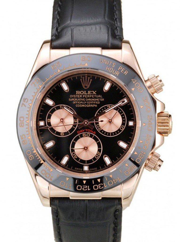 Rolex Daytona Rose Gold Case Black Dial Black Leather Strap