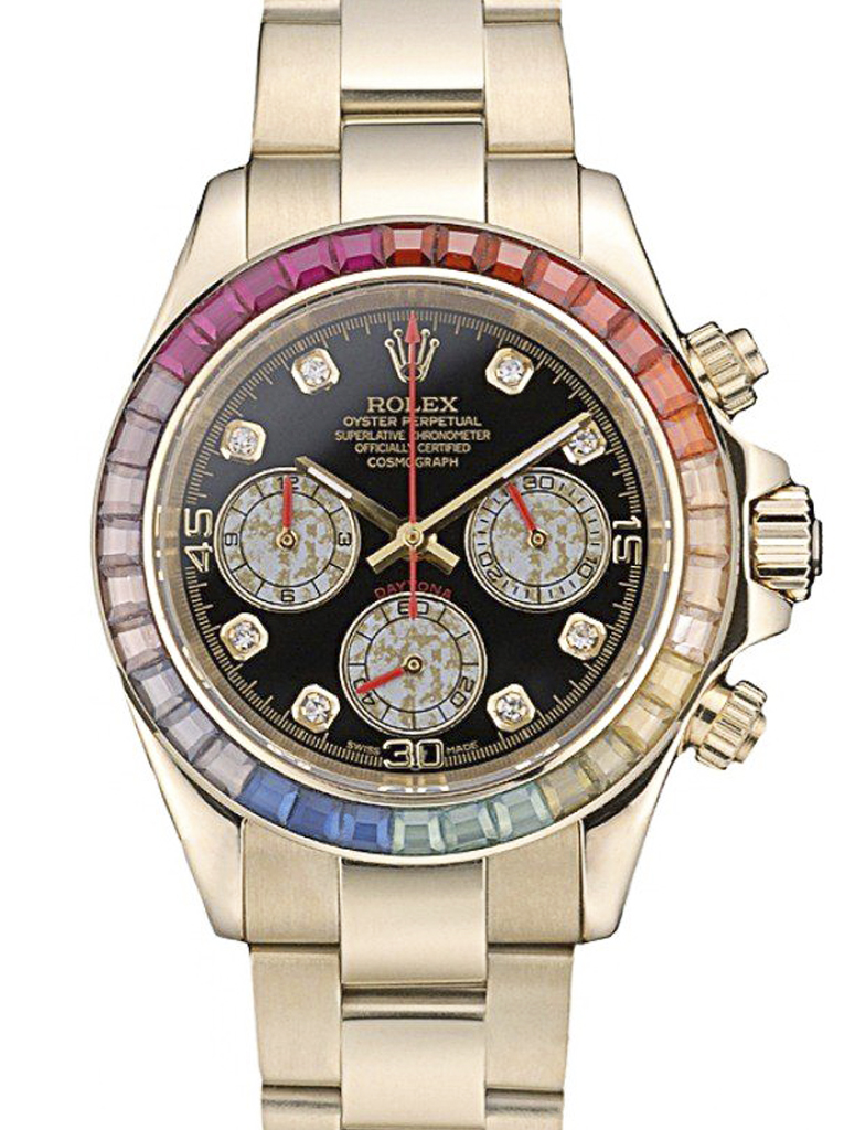 Replica Rolex Daytona Cosmograph Rainbow Crystals Bezel Rose Gold Strap Black Dial 80251