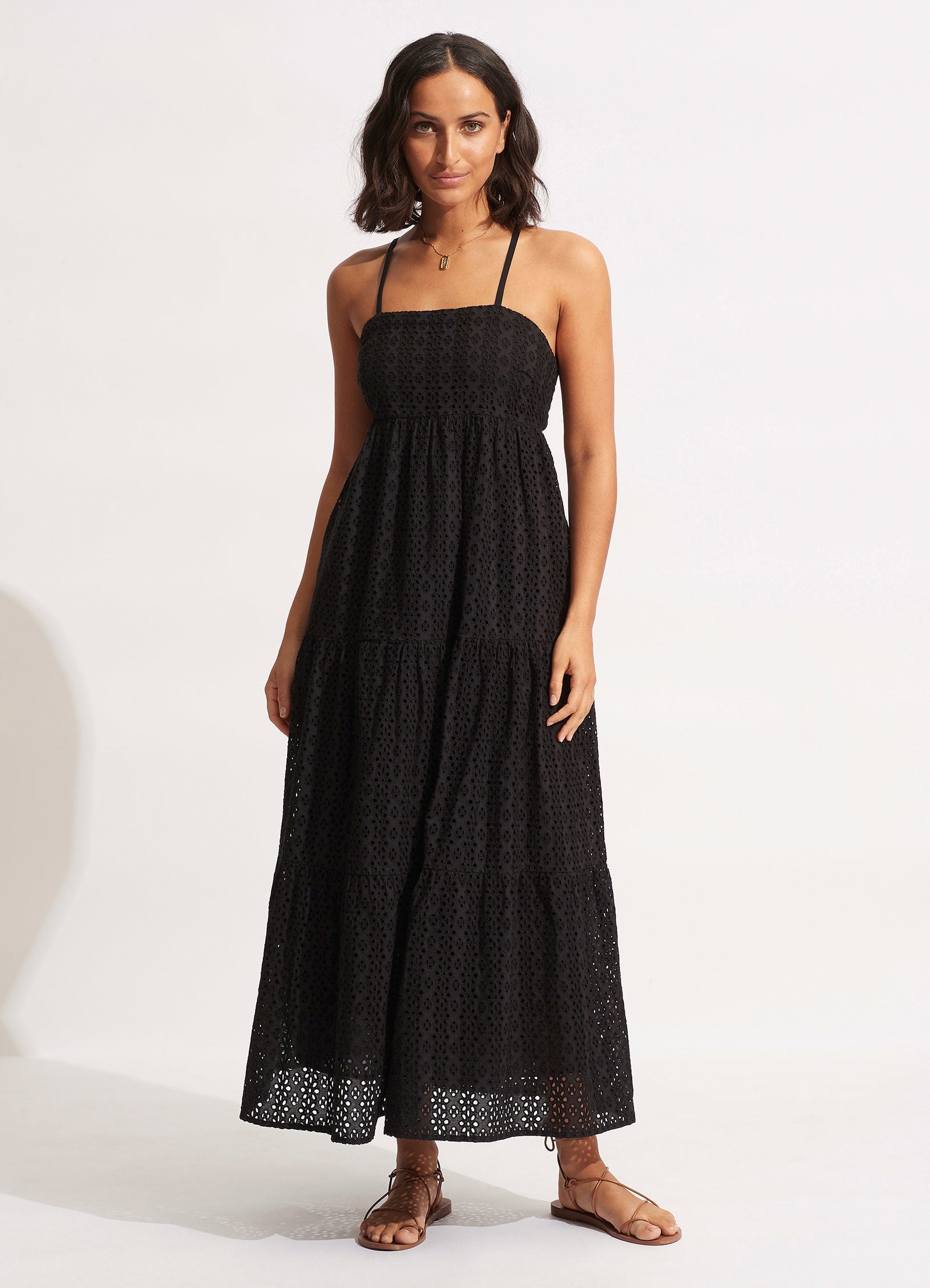 Broderie Anglaise Tiered Maxi Dress - Black