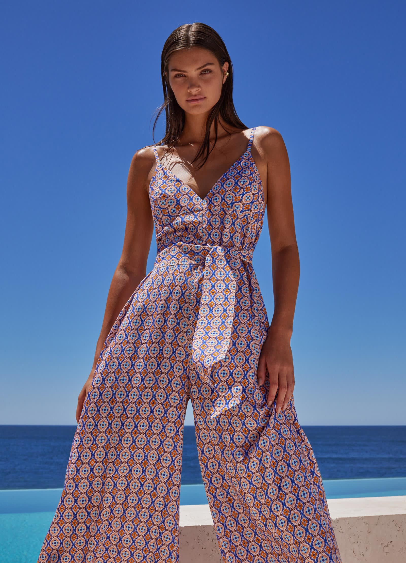 Azura Geo V-Neckline Jumpsuit - Retro Orange