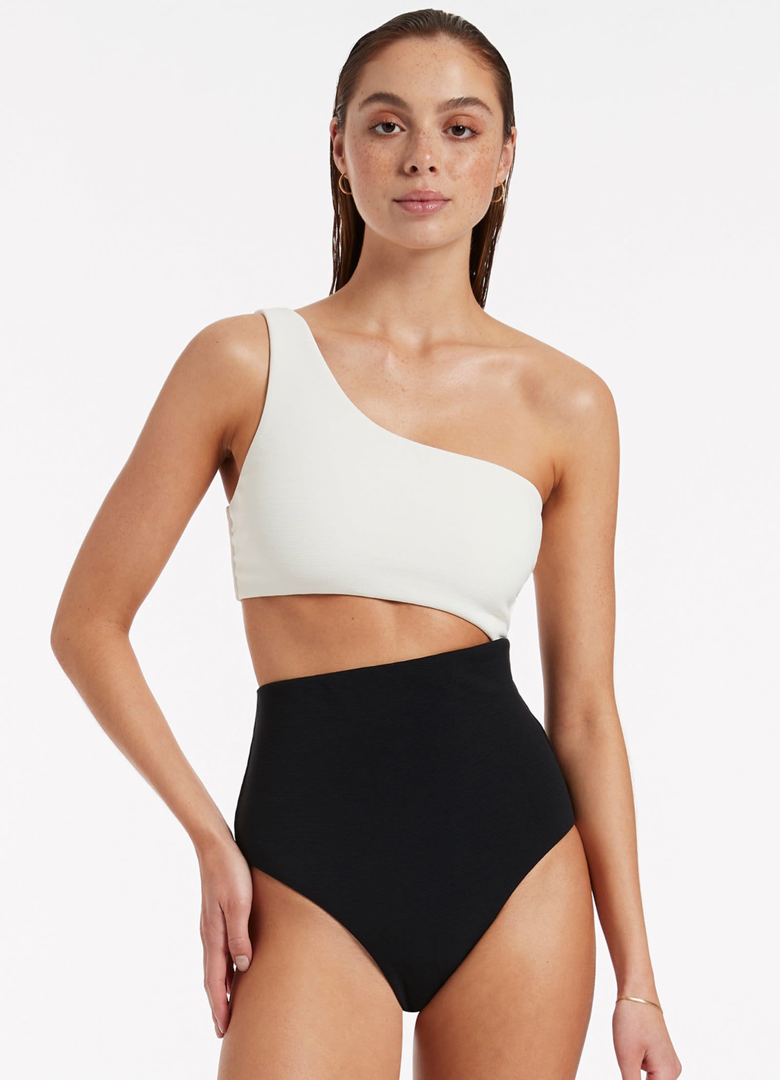 Versa Rib One Shoulder One Piece - Black/Cream