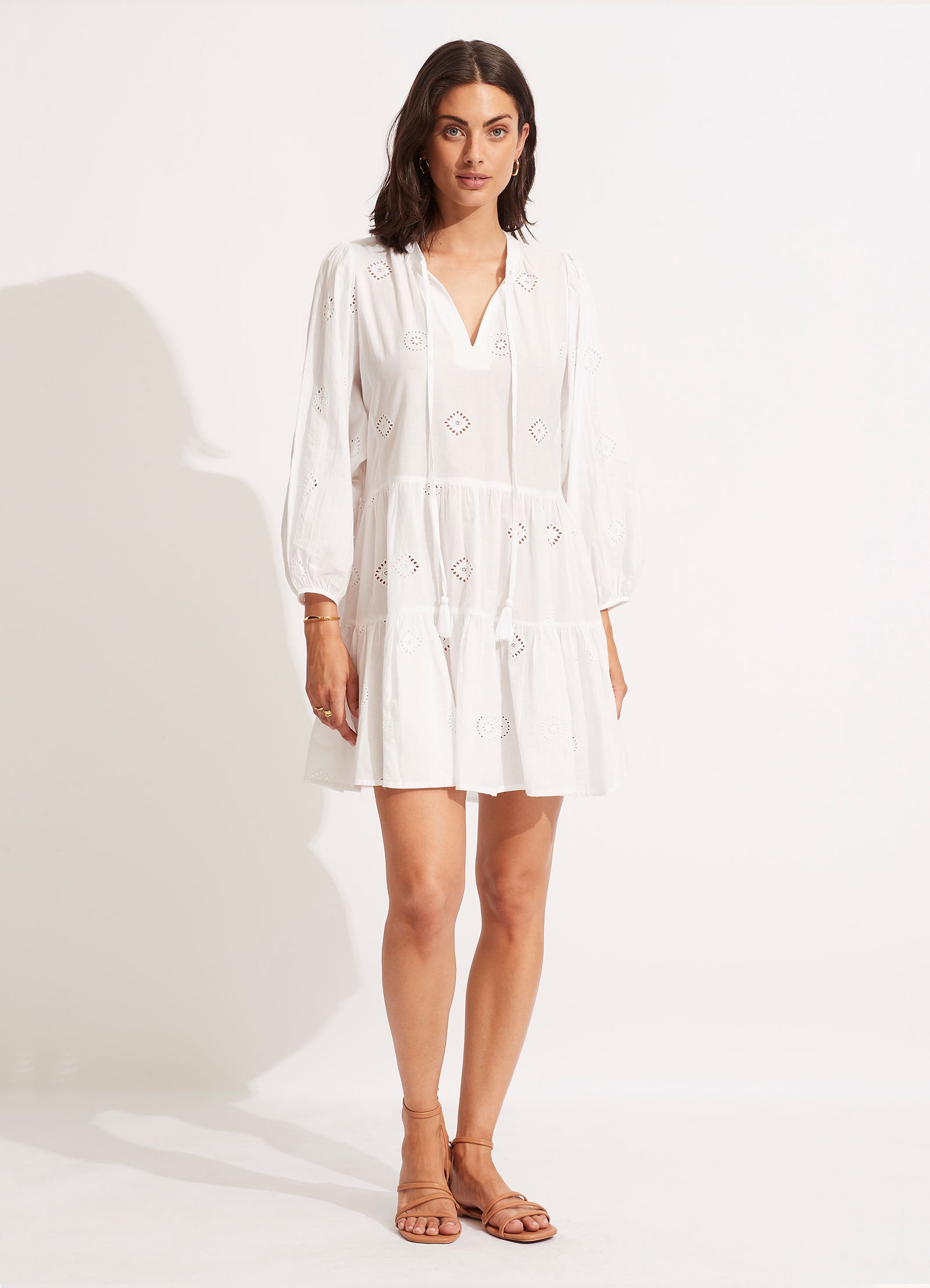 Embroidery Tiered Dress - White