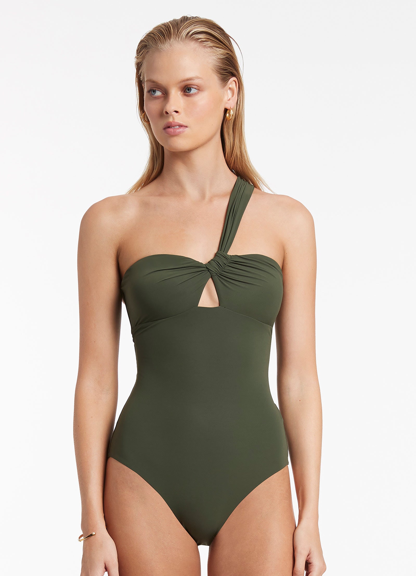 Jetset Gather One Shoulder One Piece - Olive