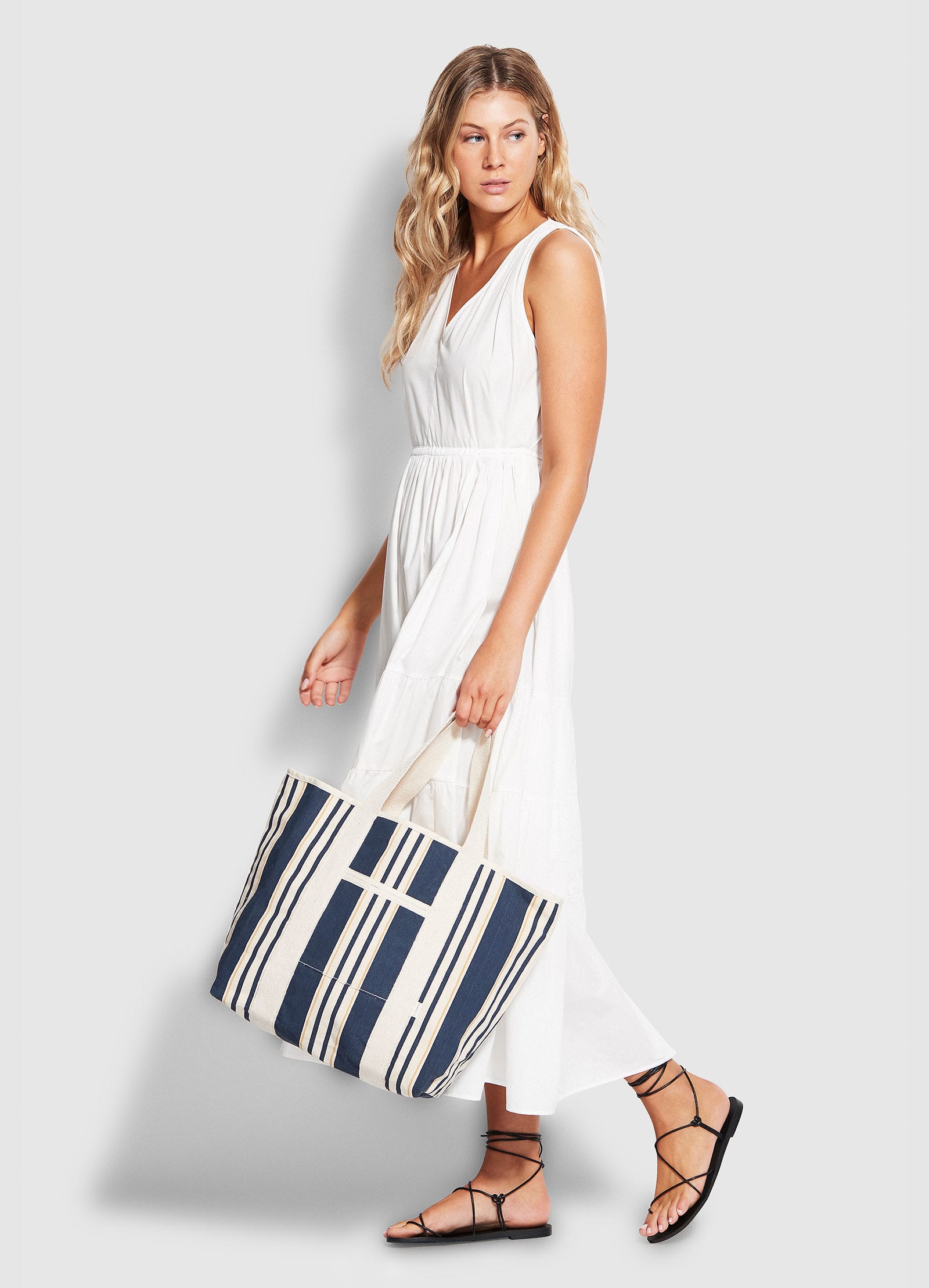 Multi Stripe Canvas Tote - True Navy