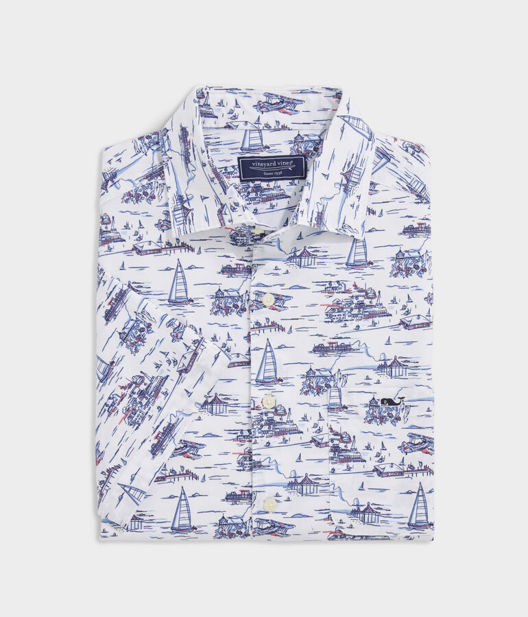 Stretch Poplin Short-Sleeve Edgartown Scenes Shirt