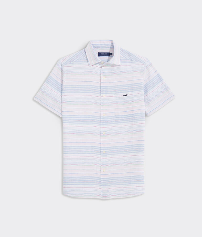 Linen Short-Sleeve Horizontal Stripe Shirt