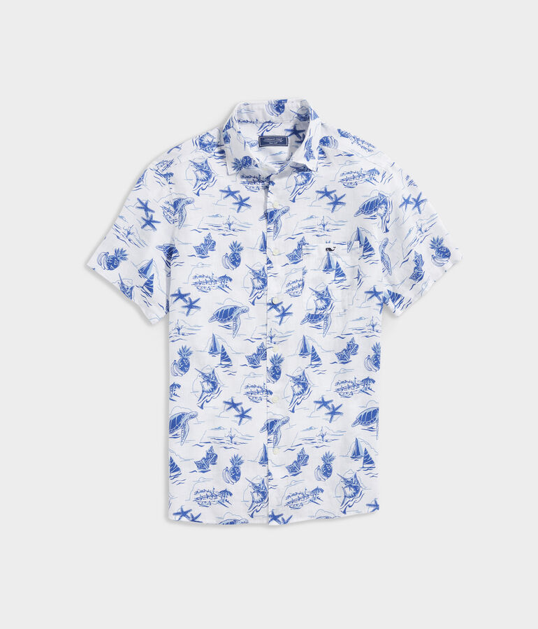 Linen Short-Sleeve Harbour Icons Print Shirt