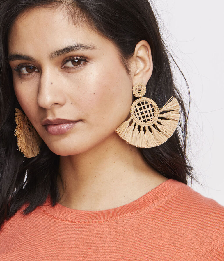 Woven Rattan Raffia Fringe Earrings