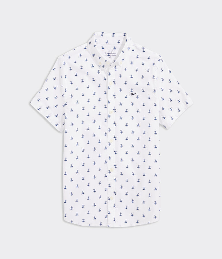 Boys Sailboat Micro Printed Short Sleeve Shirt