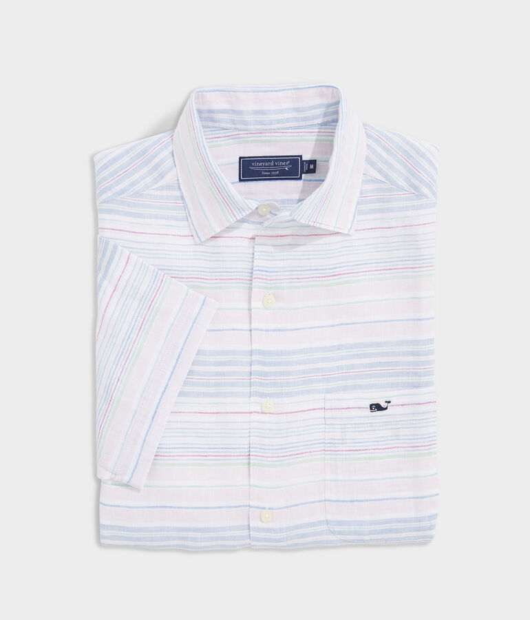 Linen Short-Sleeve Horizontal Stripe Shirt