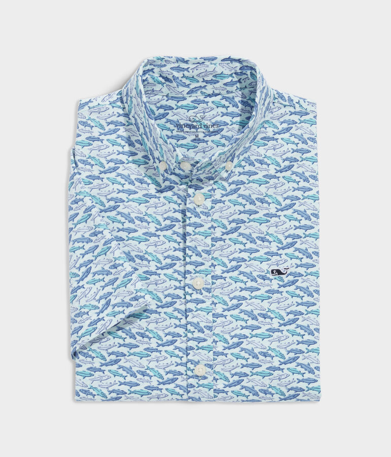 Boys' Stretch Poplin Short-Sleeve Fish Print Shirt
