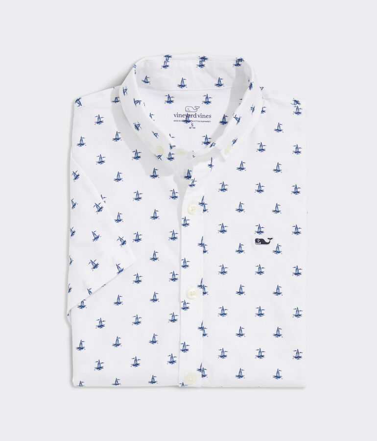 Boys Sailboat Micro Printed Short Sleeve Shirt